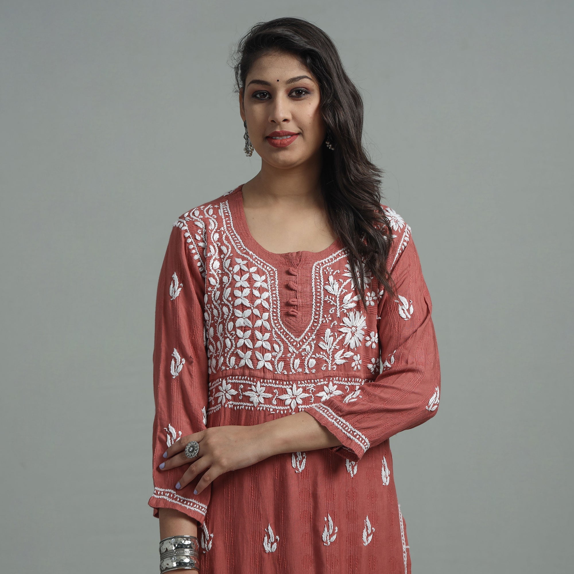 MEHARKI CHIKAN Brown - Chikankari Hand Embroidered Cotton Long Kurta