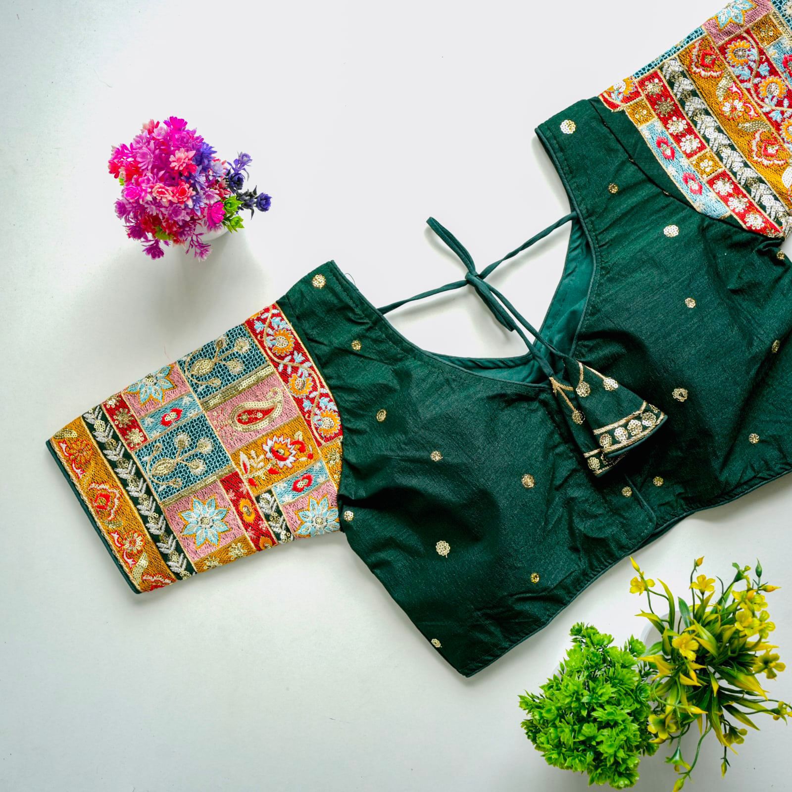 ClothsVilla Dark Green Golden Embroidered Seoul Silk Blouse with Sequins