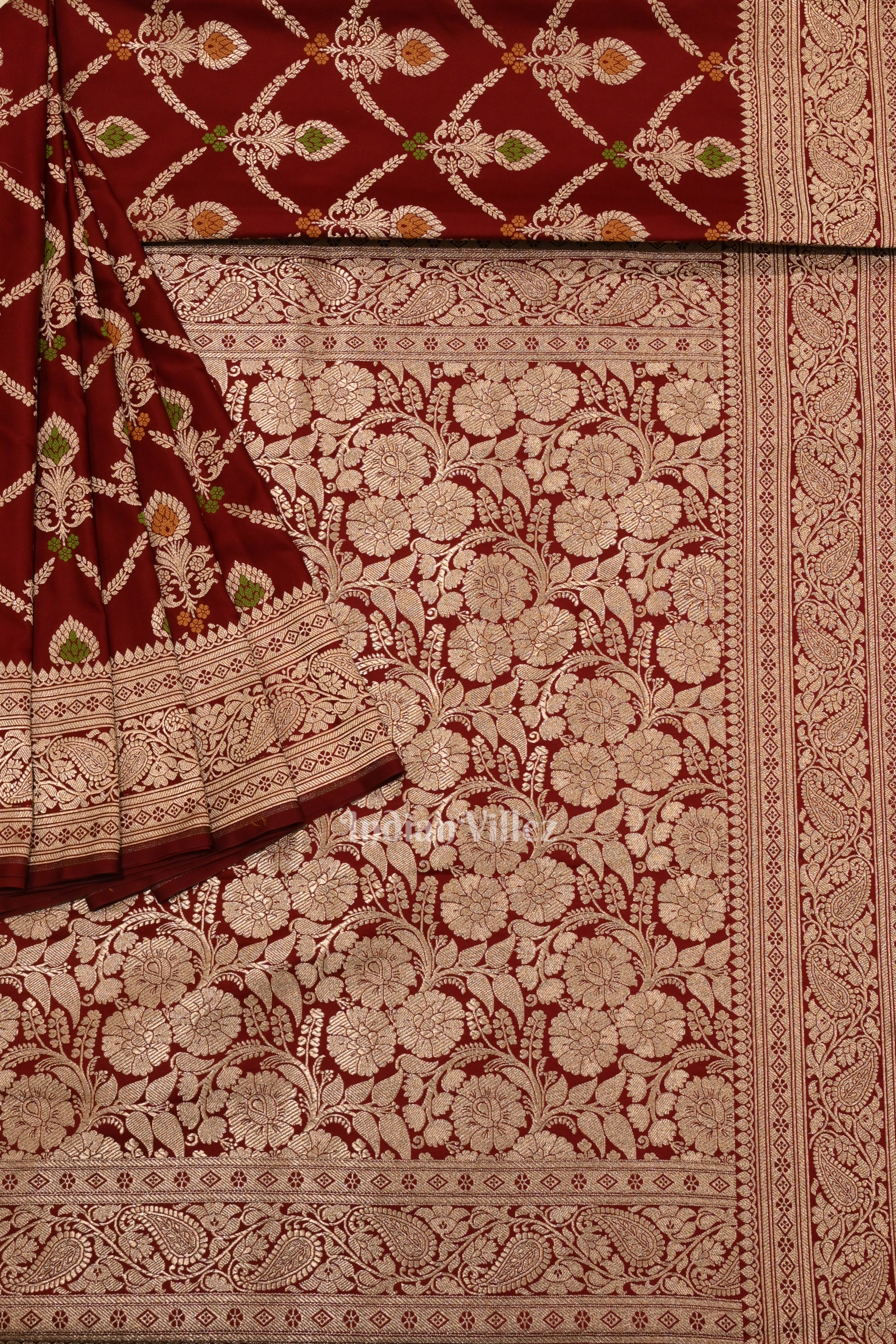 IndianVillèz Deep Maroon Meenakari Pure Mashru Satin Silk Banarasi Saree