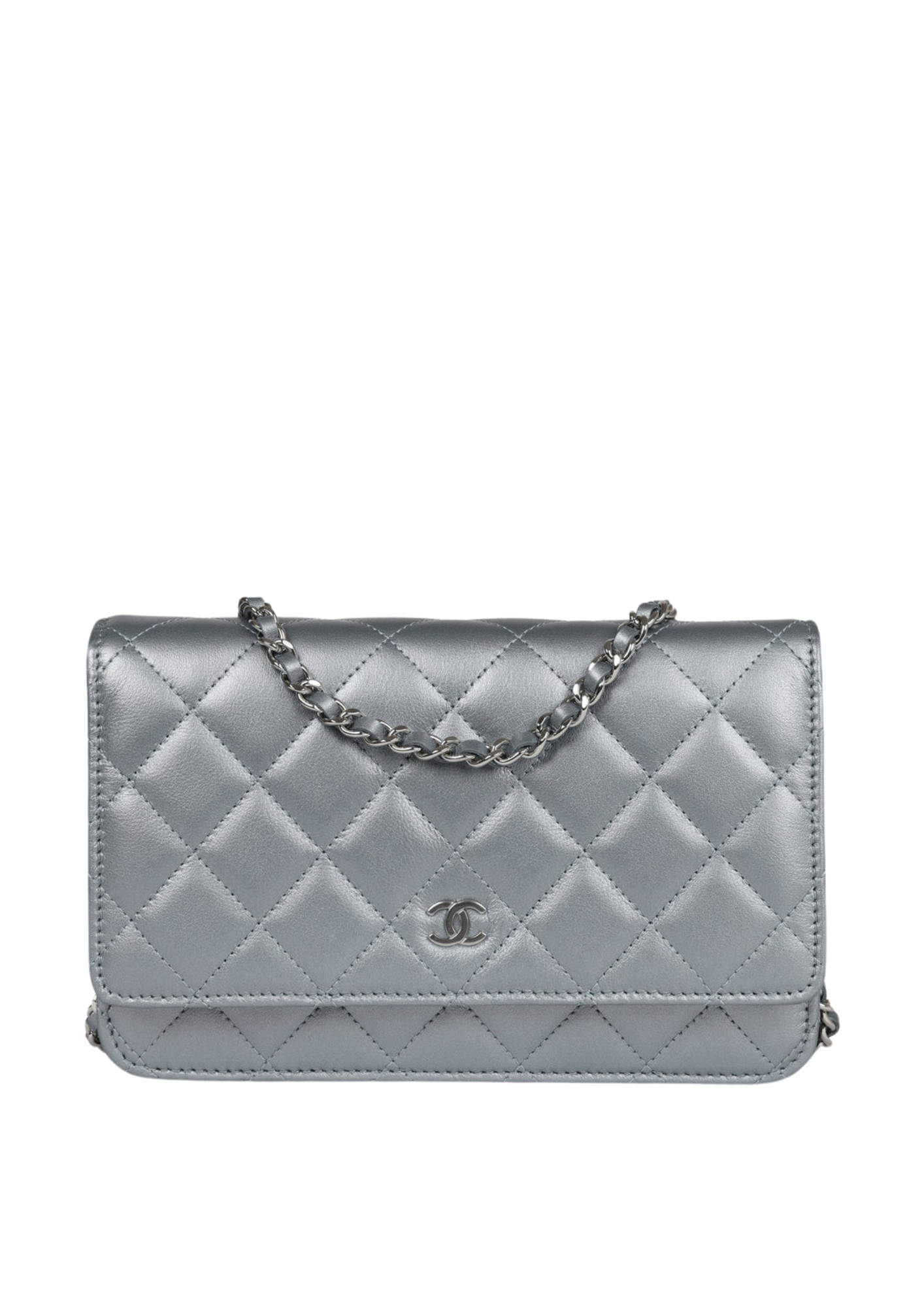 Cop Underdog Chanel Wallet On Chain WOC Silver Metallic Lambskin Silver Hardware