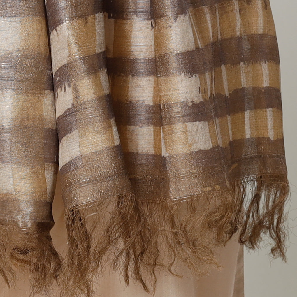 BINDAAS UNLIMITED Brown - Handloom Block Art Print Tussar Silk Bindaas Stole - view 3