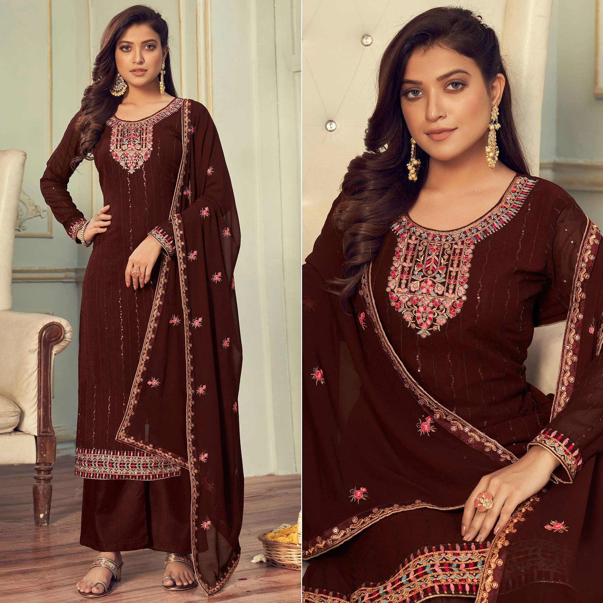 Peachmode Brown Partywear Embroidery With Embellished Georgette Suit