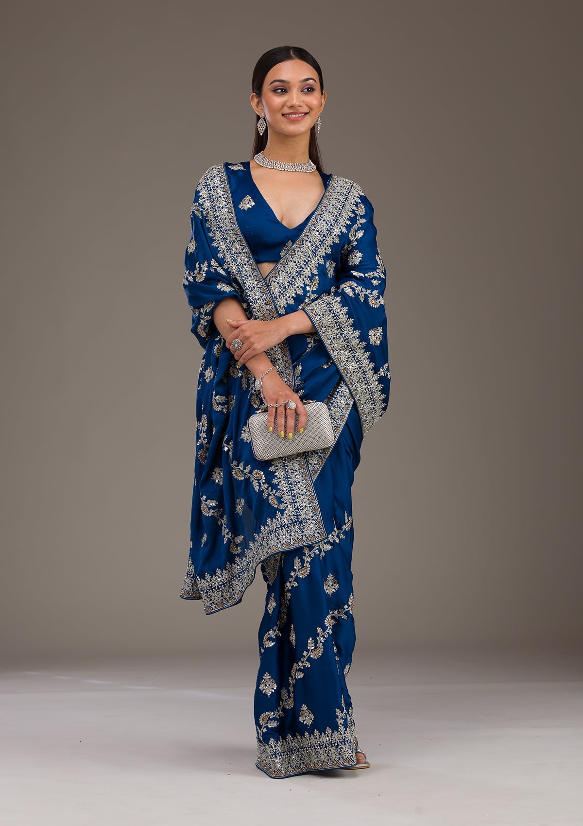 Koskii Royal Blue Threadwork Satin Saree – Women's