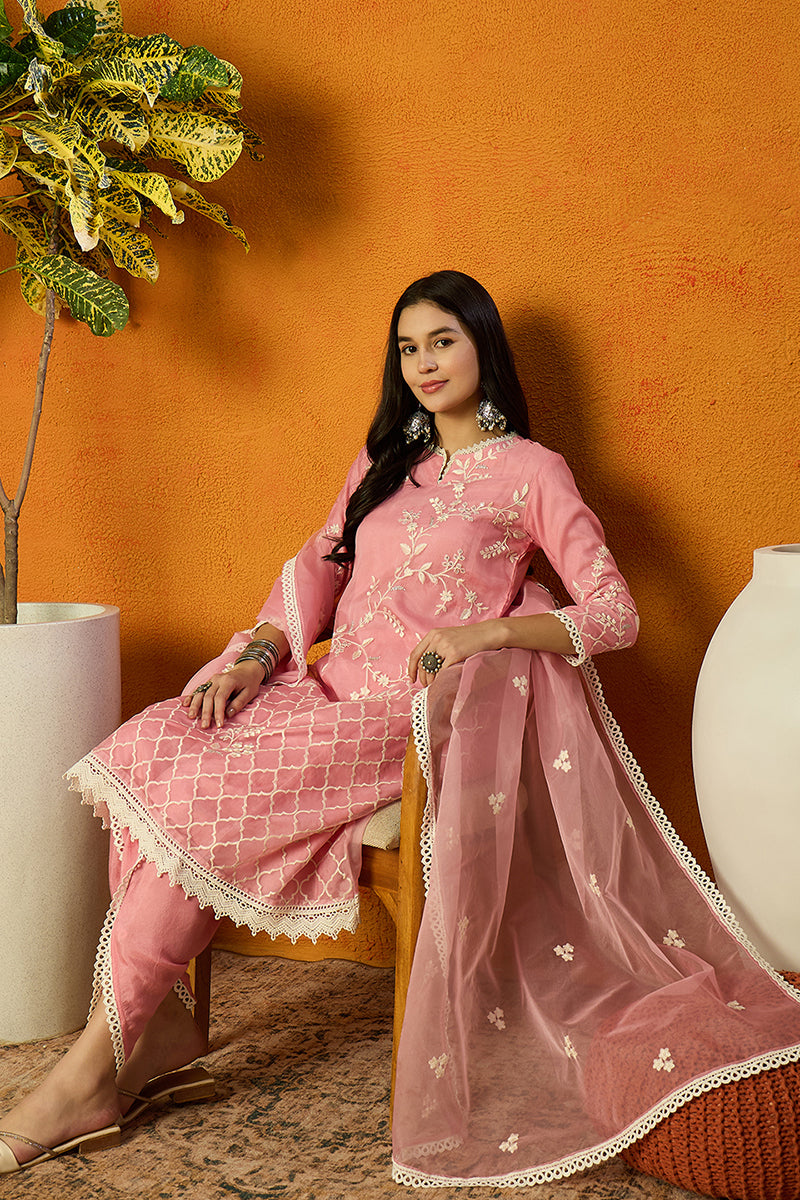 Ahika Pink Organza Solid Embroidered A-Line Dhoti Style Suit Set PKSKD2439 - view 4