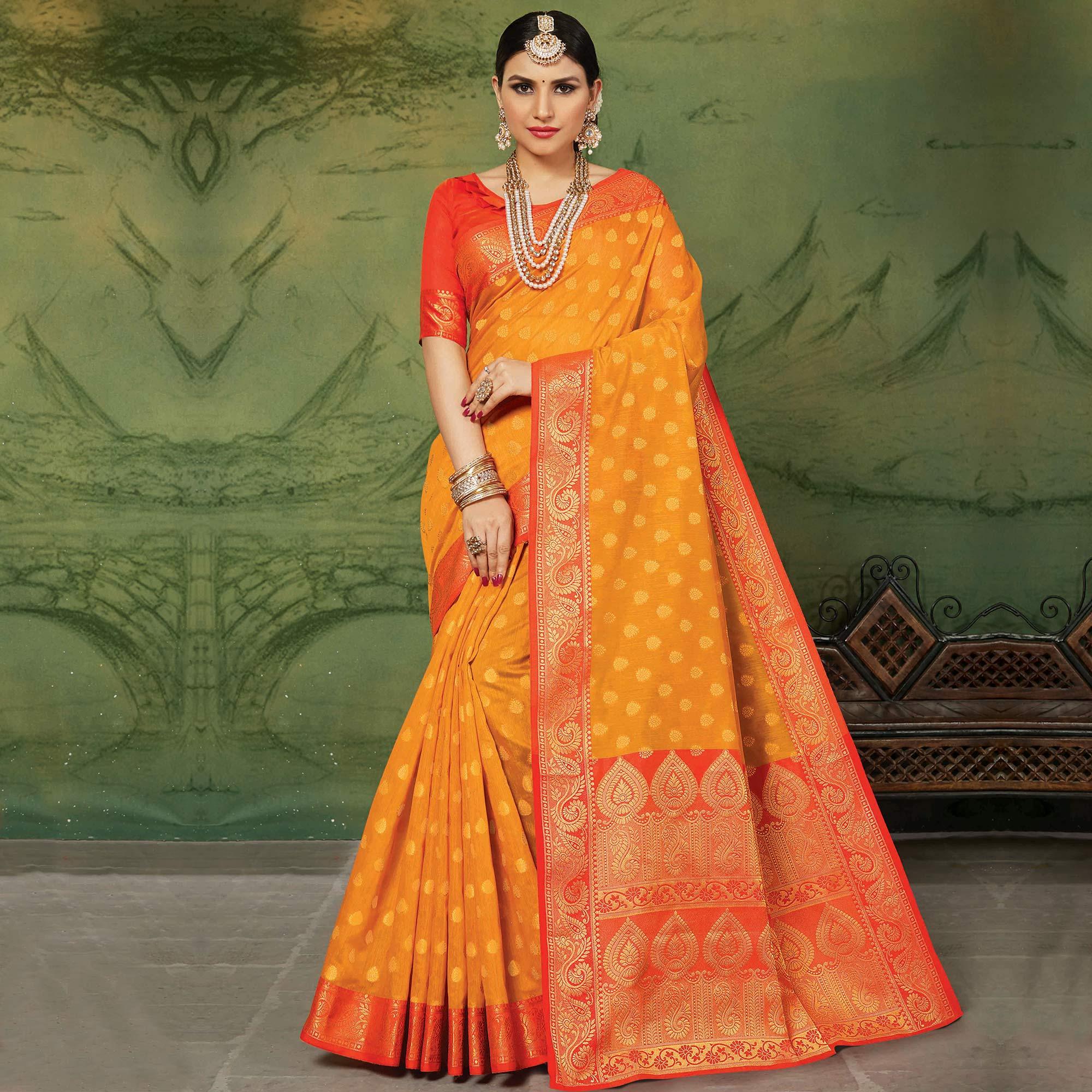 Peachmode Entrancing Orange Colored Festive Wear Woven Handloom Silk Saree