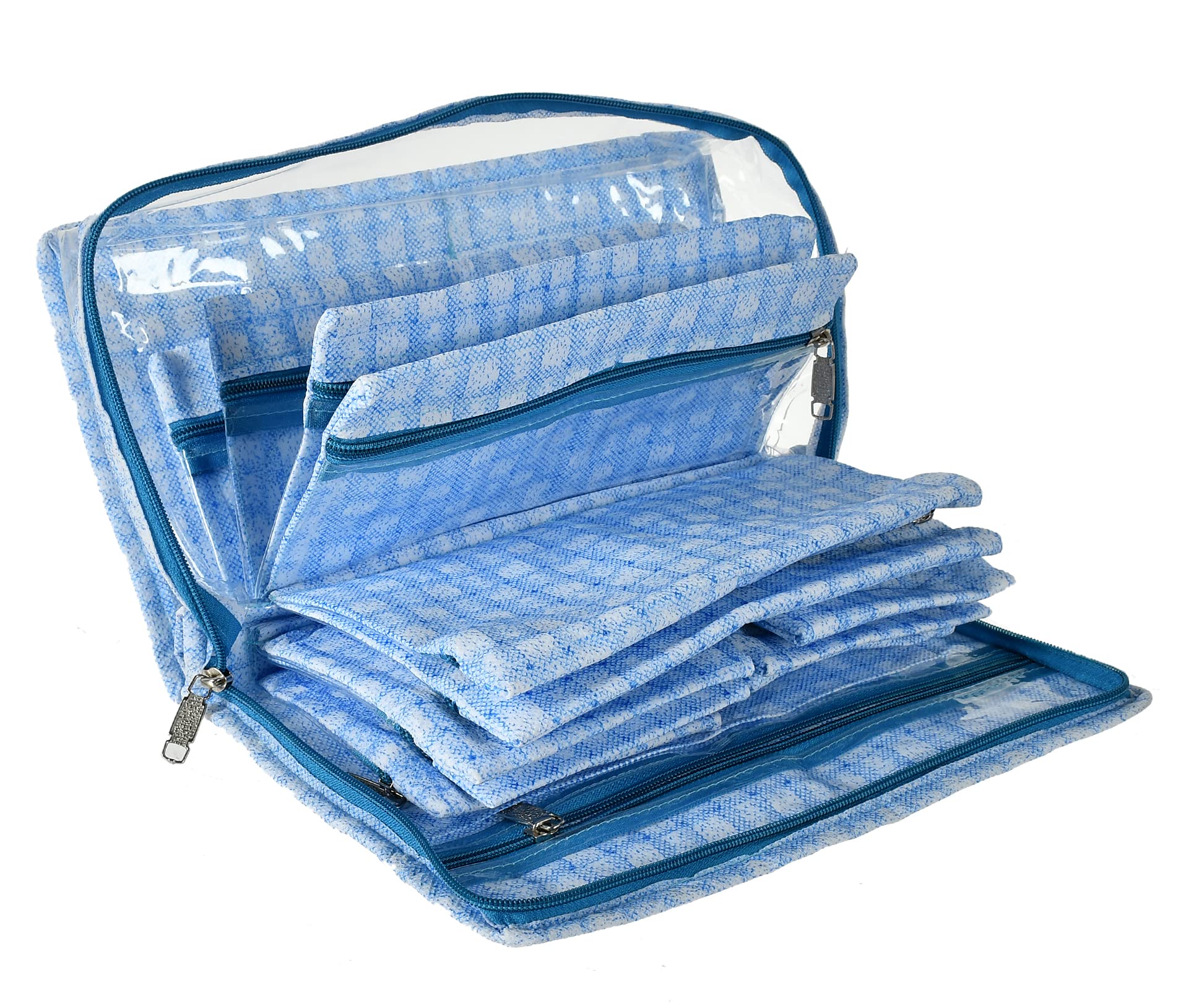 Heart Home Check Design Laminated PVC Multipurpose Jewellery Storage Bag/Travel Kit With 13 Tranasparent Pouches- Pack of 2 (Blue)-HS_38_HEARTH21260 - view 5
