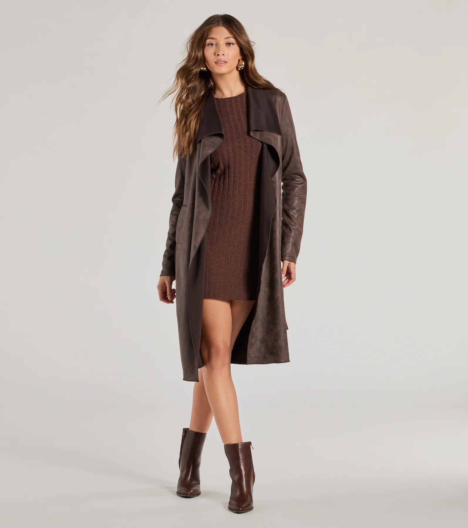 Windsor Chic Impression Faux Suede Belted Trench Coat