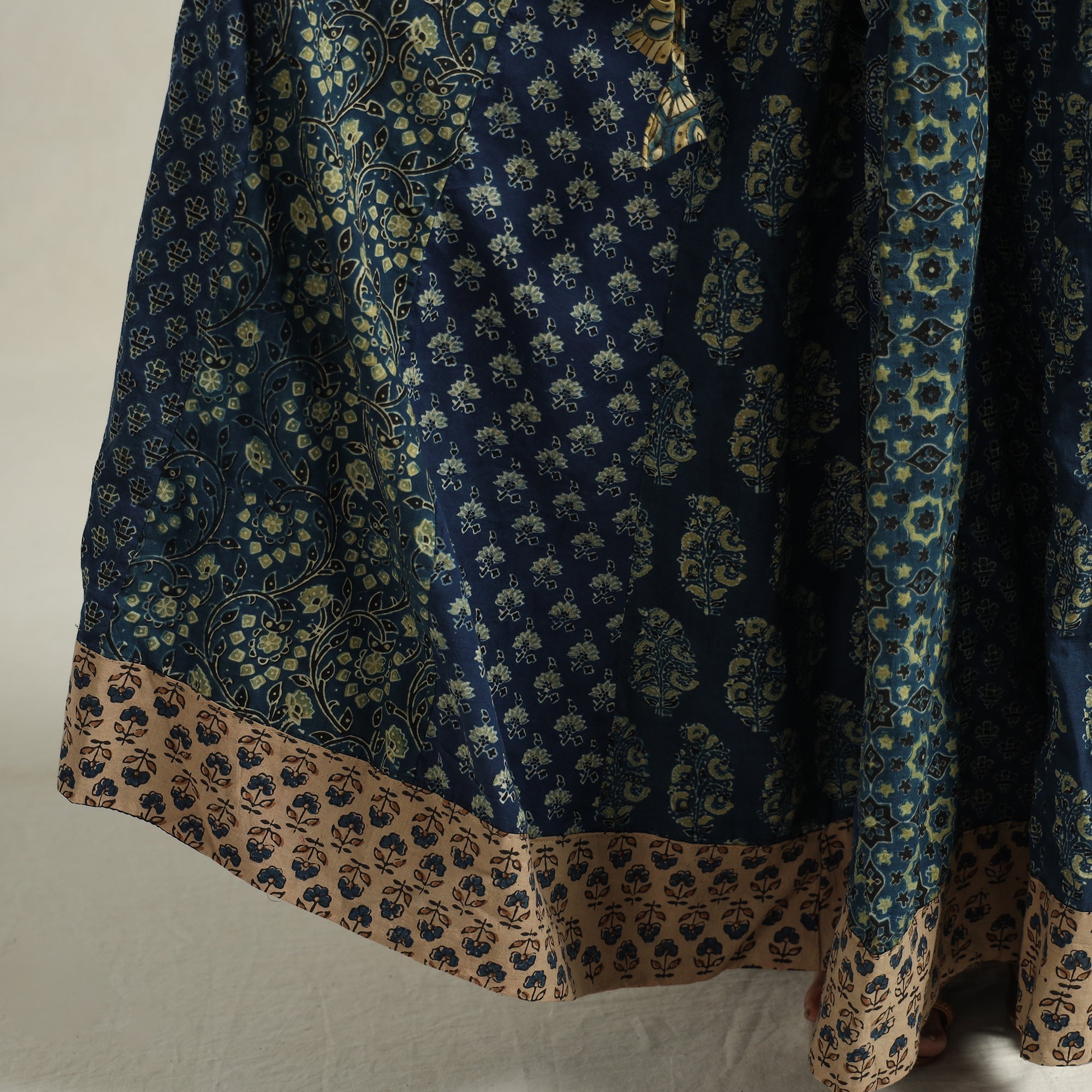 NOORI BAZAR Blue - Ajrakh Block Printed 24 Kali Patchwork Cotton Long Skirt 31 - view 6