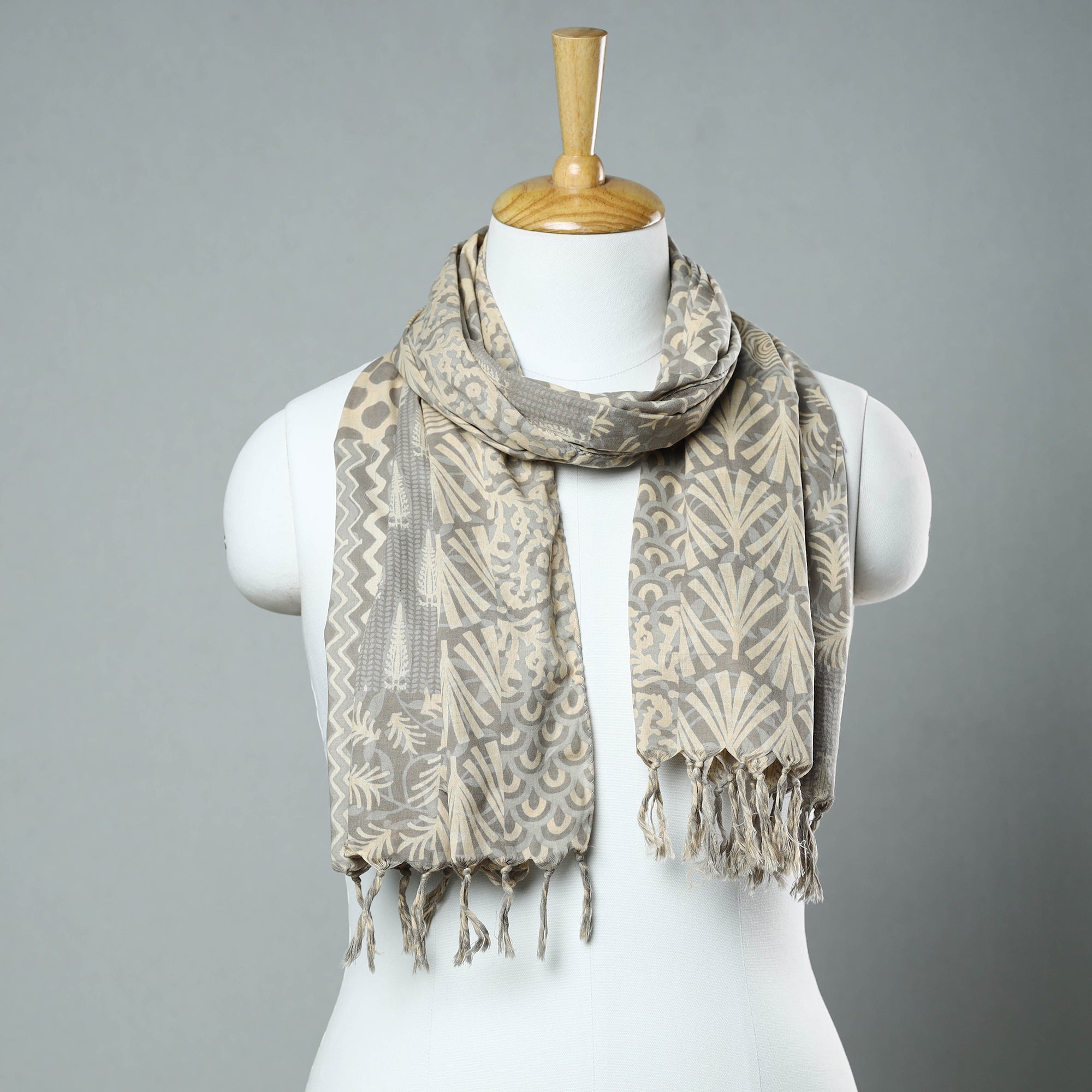 HAVELI CHRONICLES Brown - Sanganeri Block Printed Cotton Stole with Tassels 81