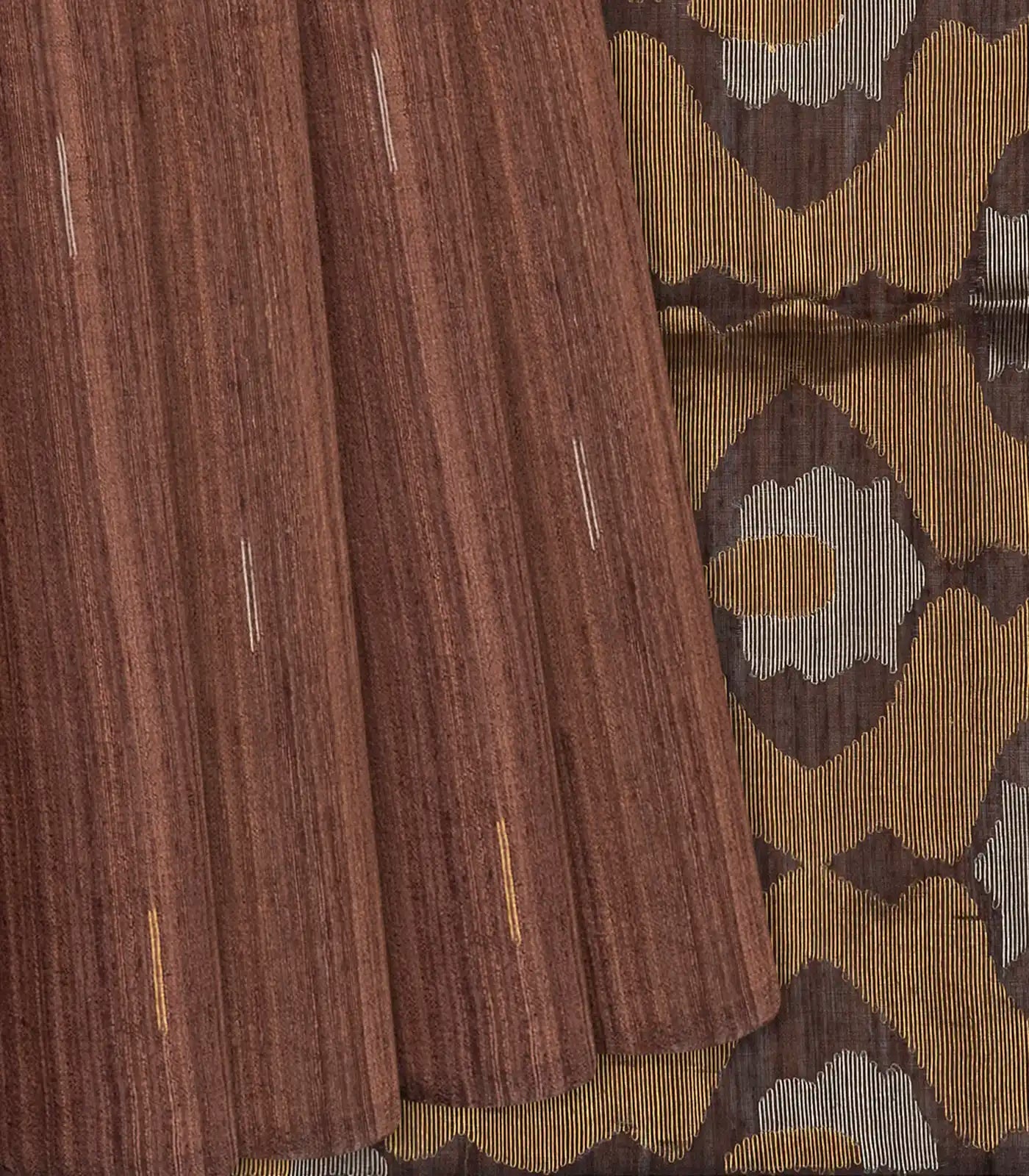 RmKV Brown Handloom Jute Saree With Stripe Buttas-Brown