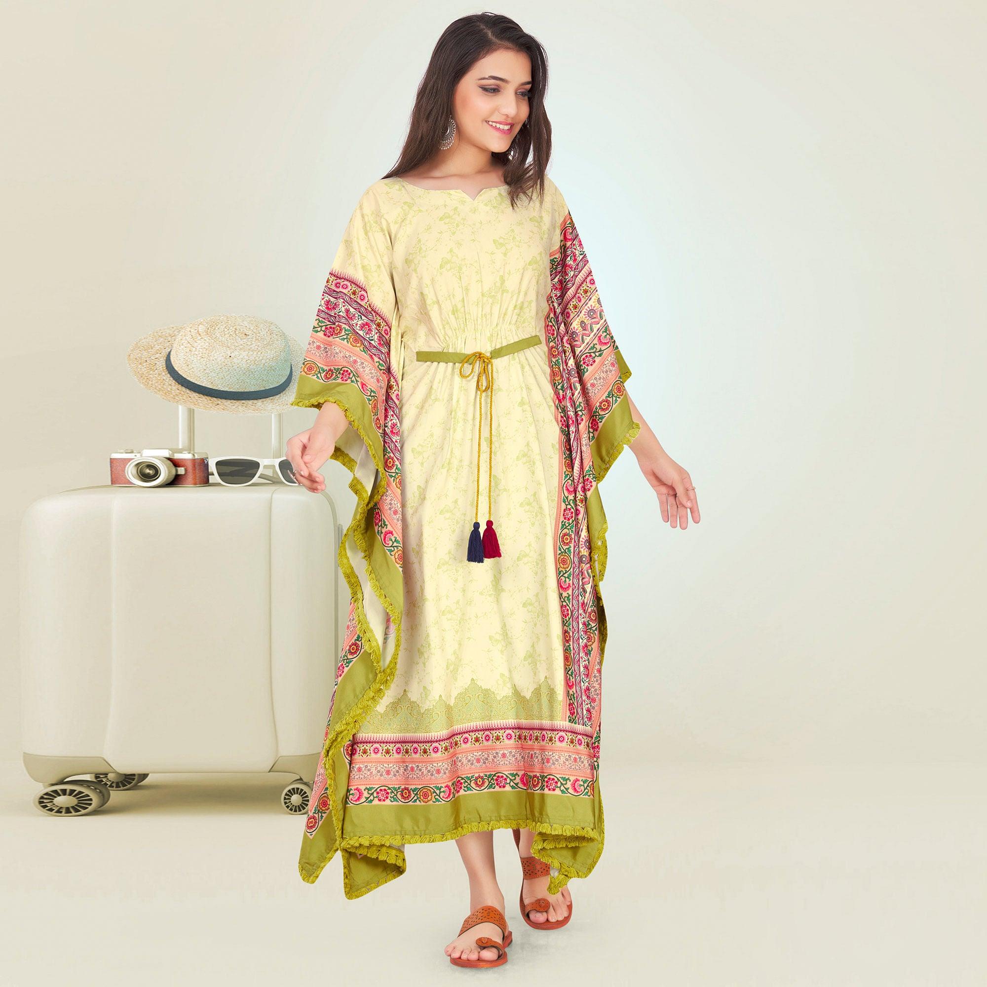Peachmode Light Green Casual Wear Floral Digtial Printed Modal Kaftan Kurti