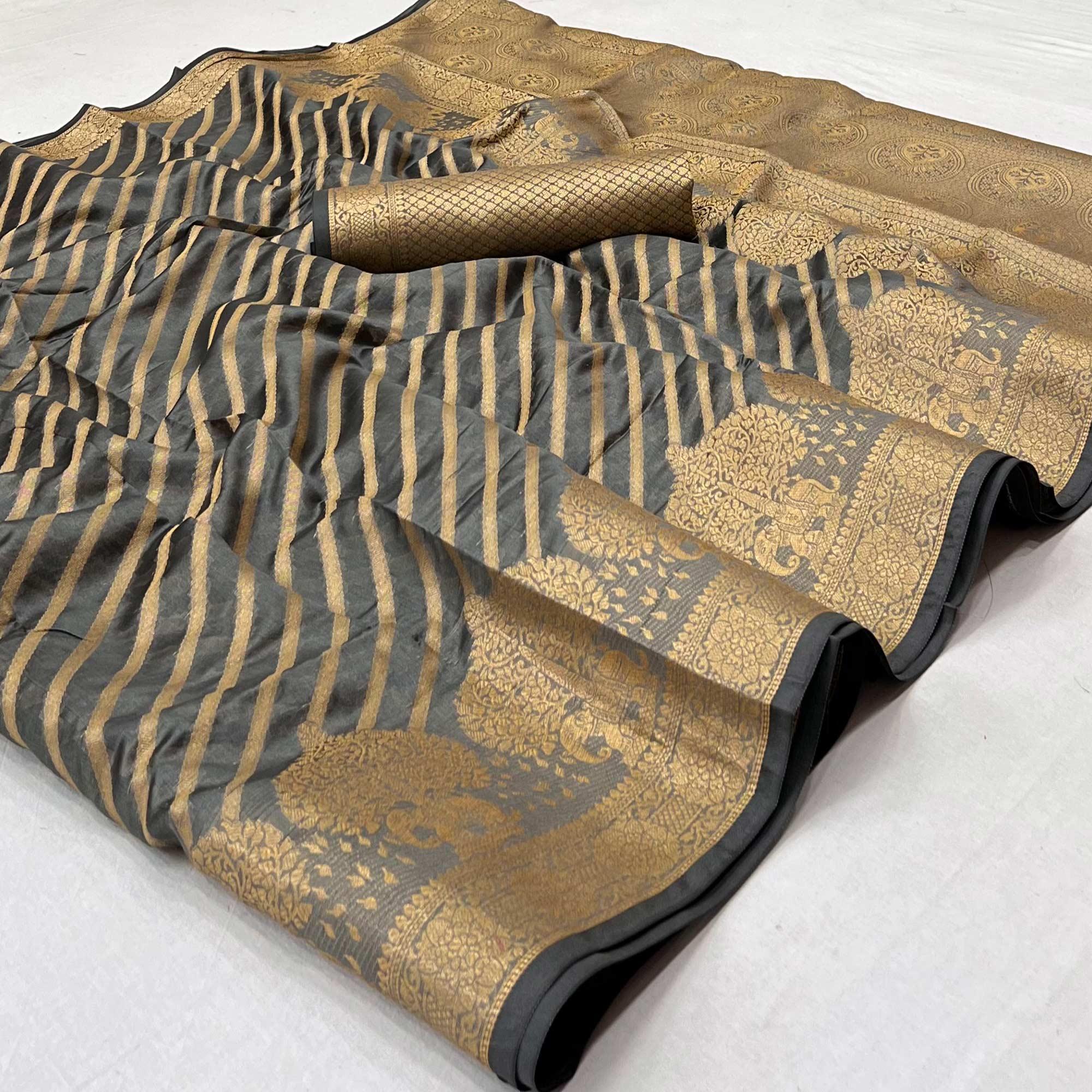 Peachmode Grey Woven Organza Saree – Women's
