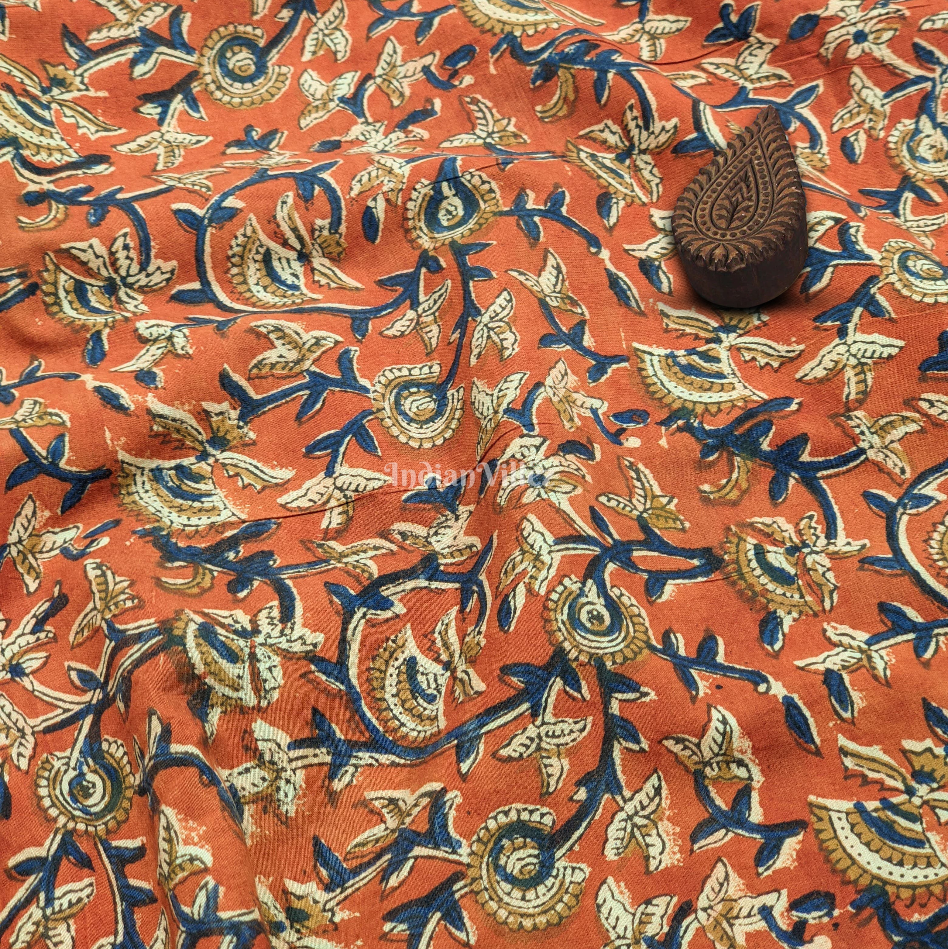 IndianVillèz Brick Red Floral Hand Block Printed Cotton Fabric