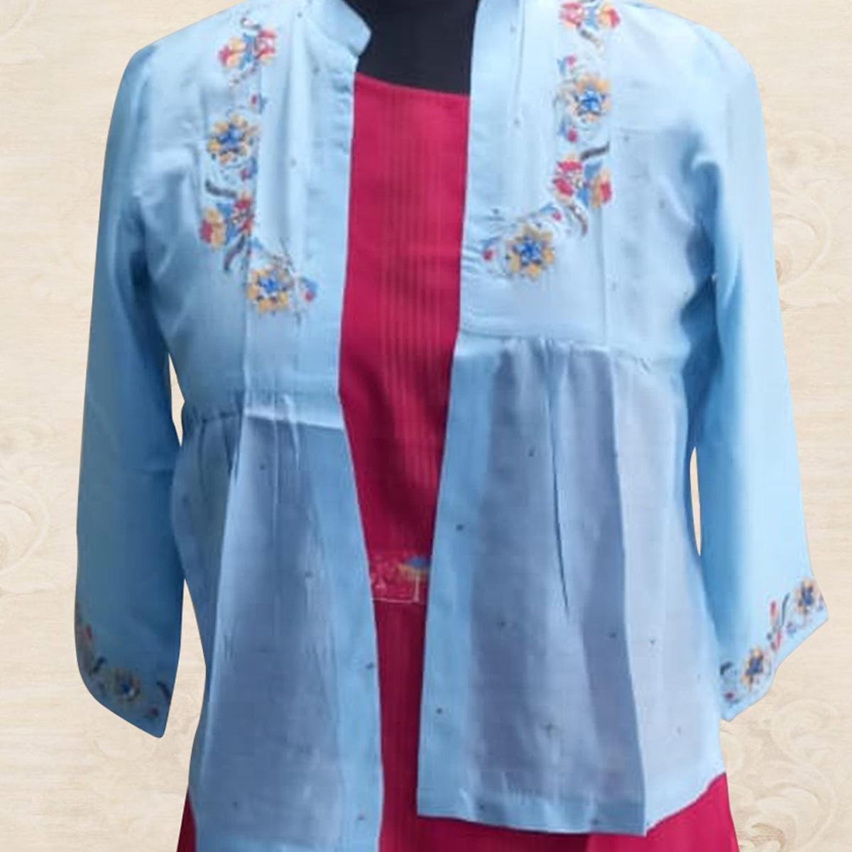 Peachmode Capricious Sky Blue - Pink Colored Partywear Embroidered Cotton Silk Kurti With Jacket - view 4