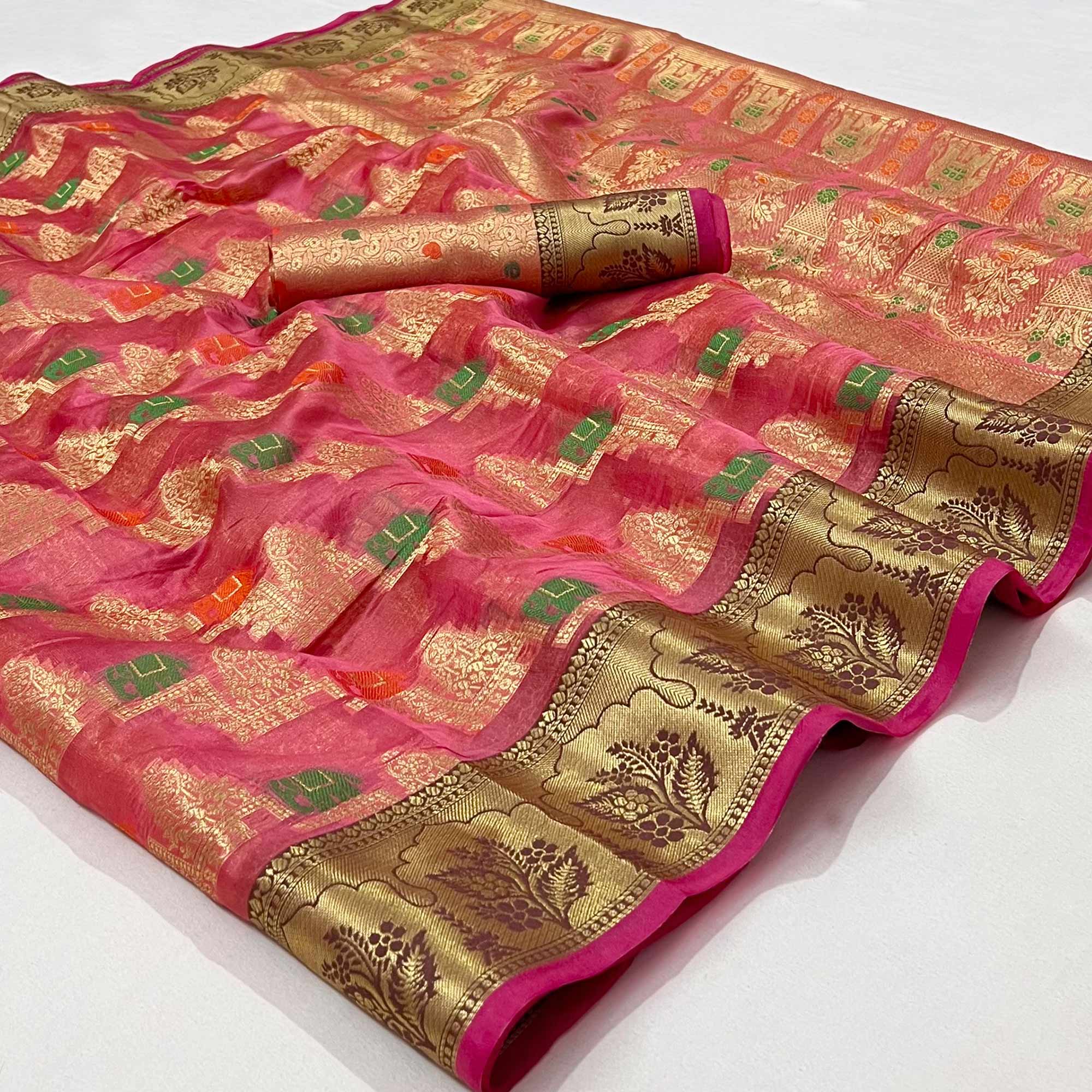 Peachmode Gajari Pink Woven Organza Saree – Women's