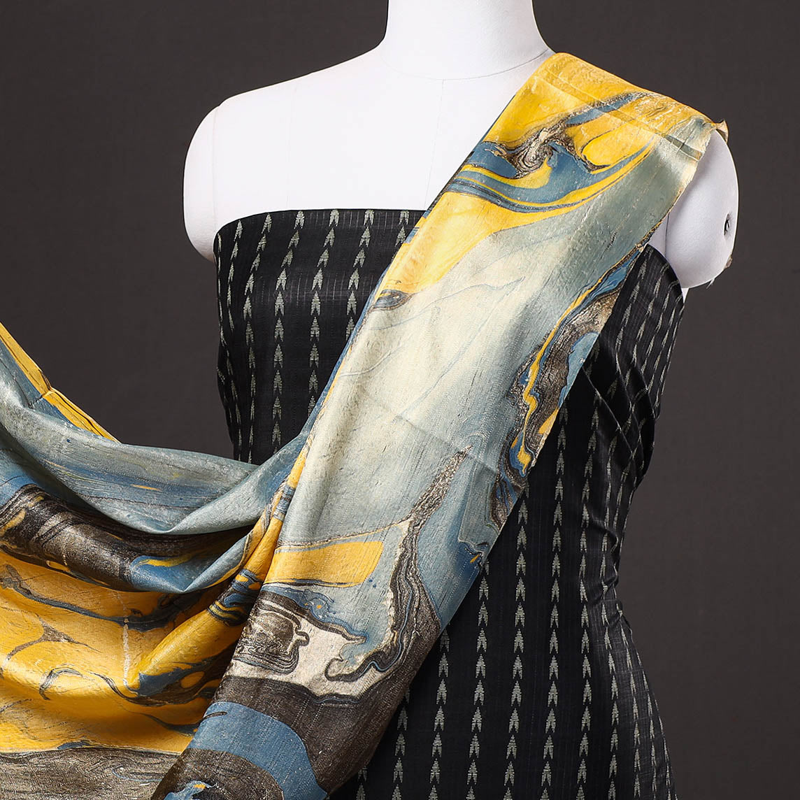 RUISA Black - 3pc Handloom Mulberry Suit Material Set with Banana Silk Marble Printed Dupatta - view 3