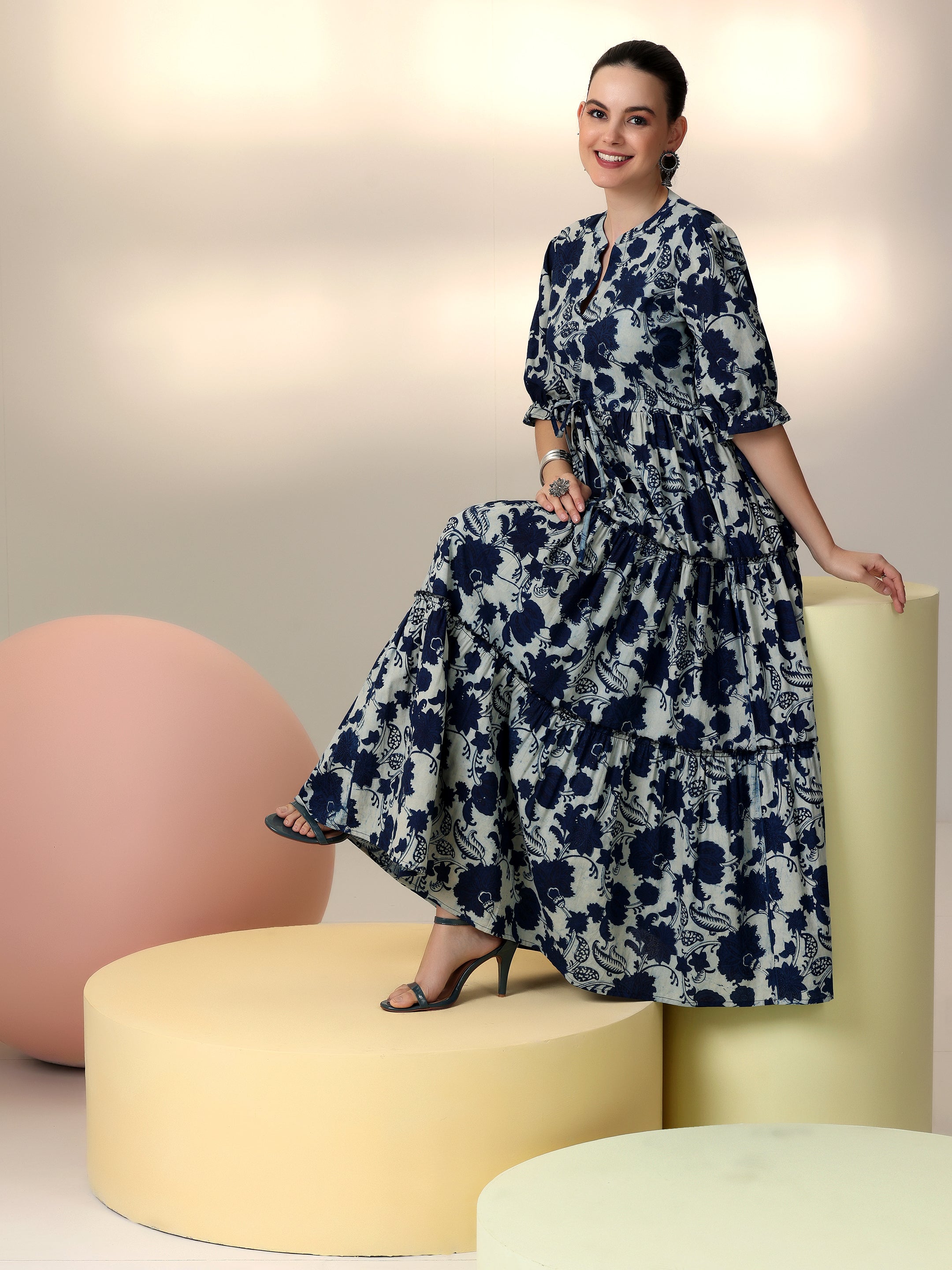 Libas Indigo Printed Cotton Fit and Flare Dress