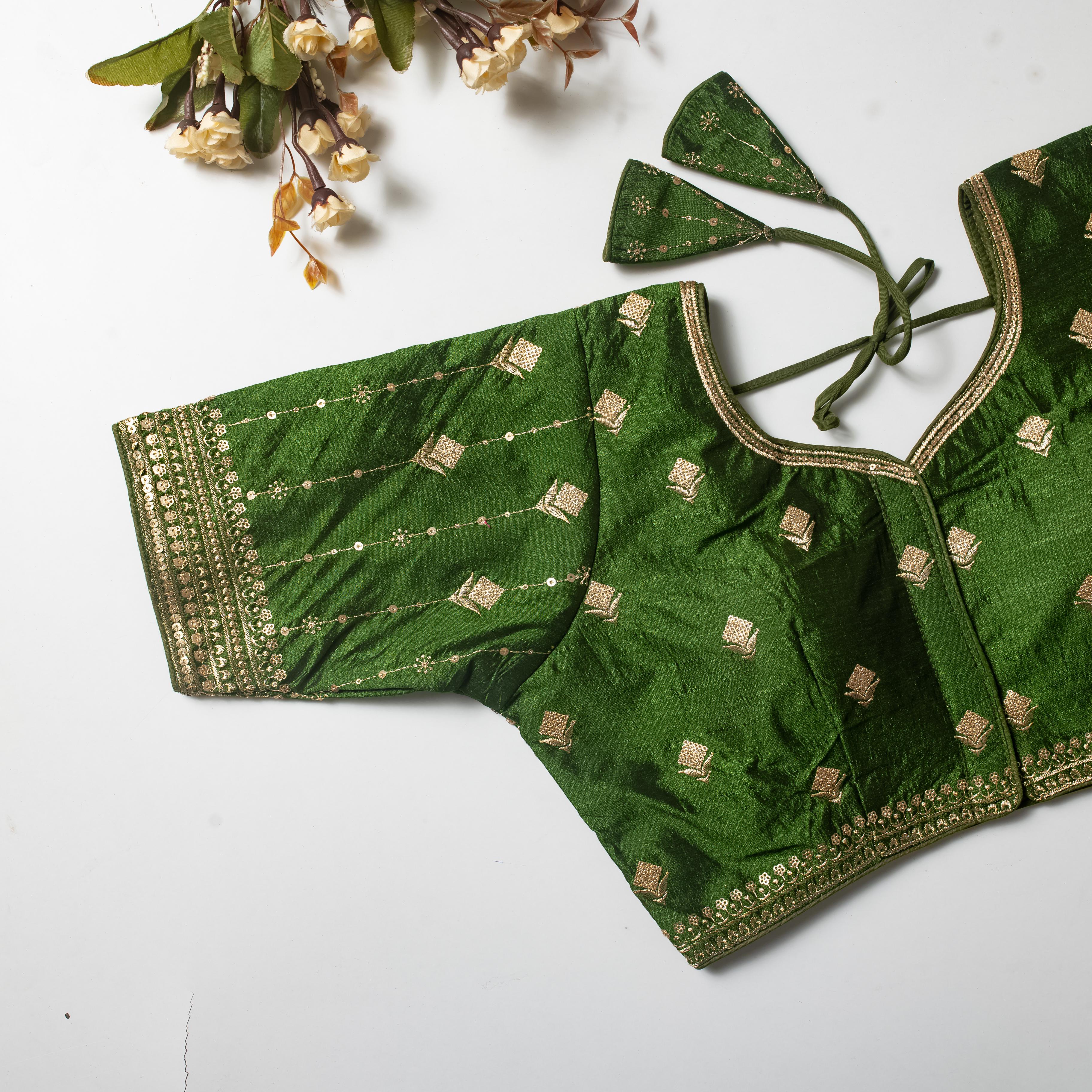 ClothsVilla Mehndi Green Golden Embroidered Vibrant Silk Blouse with Sequins