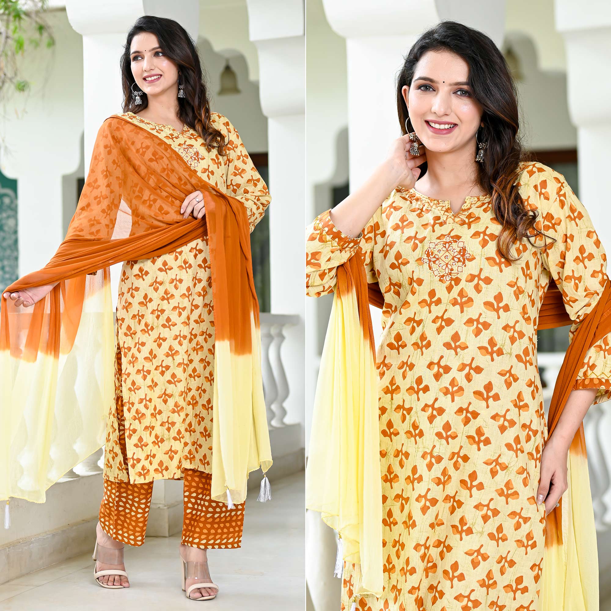 Peachmode Cream Brown Floral Printed Pure Cotton Suit