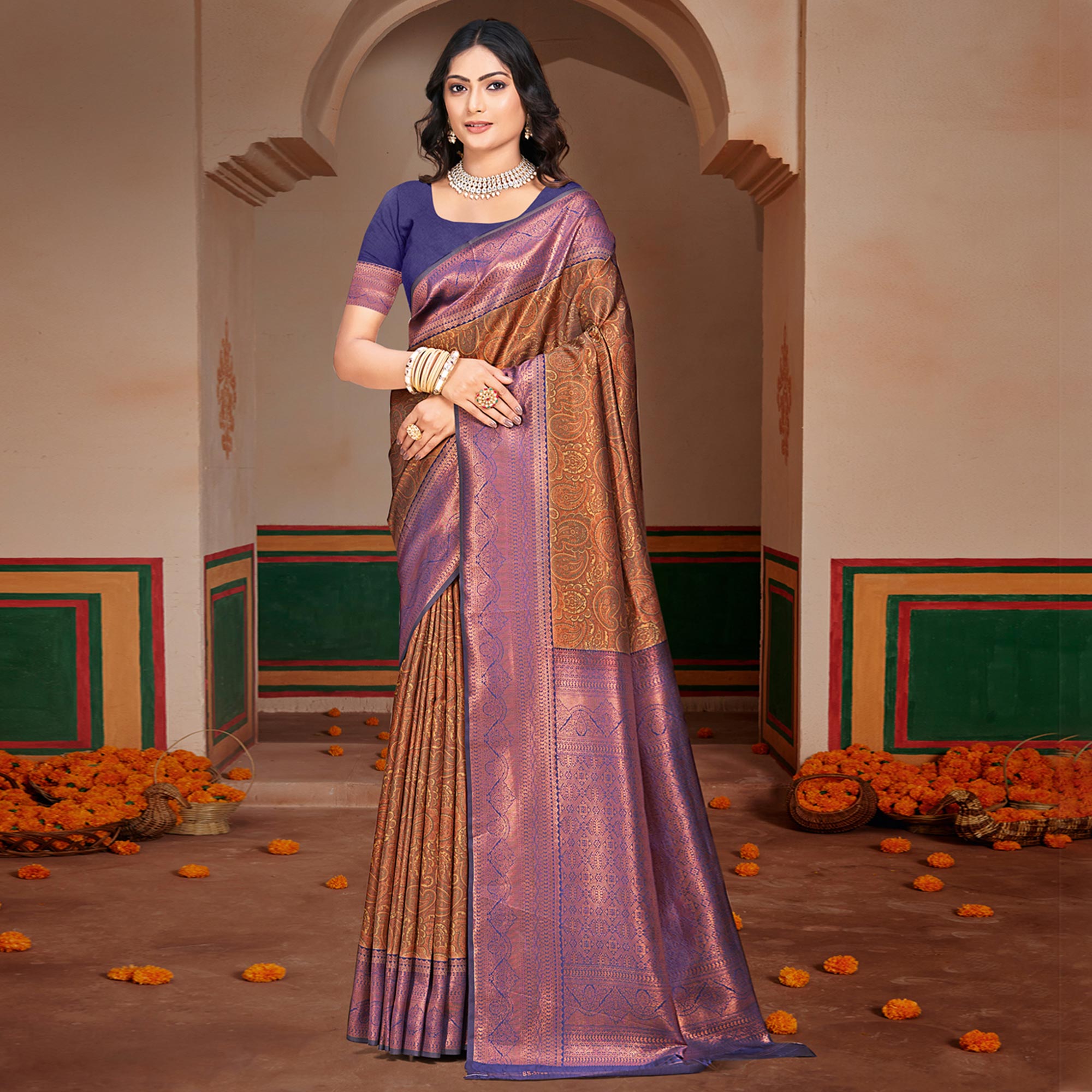 Peachmode Brown & Violet Woven Vichitra Silk Saree With Tassels