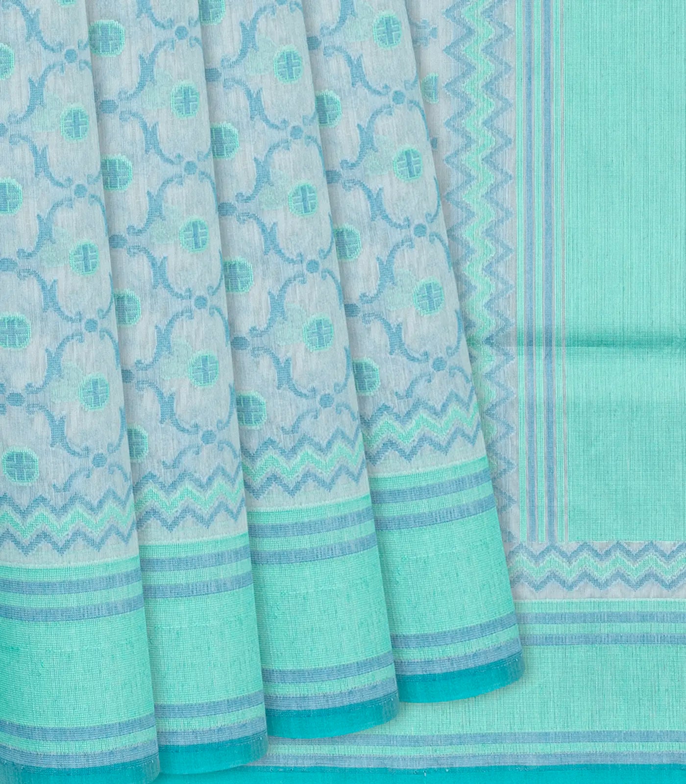 RmKV Light Blue Handloom Banarasi Cotton Saree With Floral Jaal Motifs-Light Blue