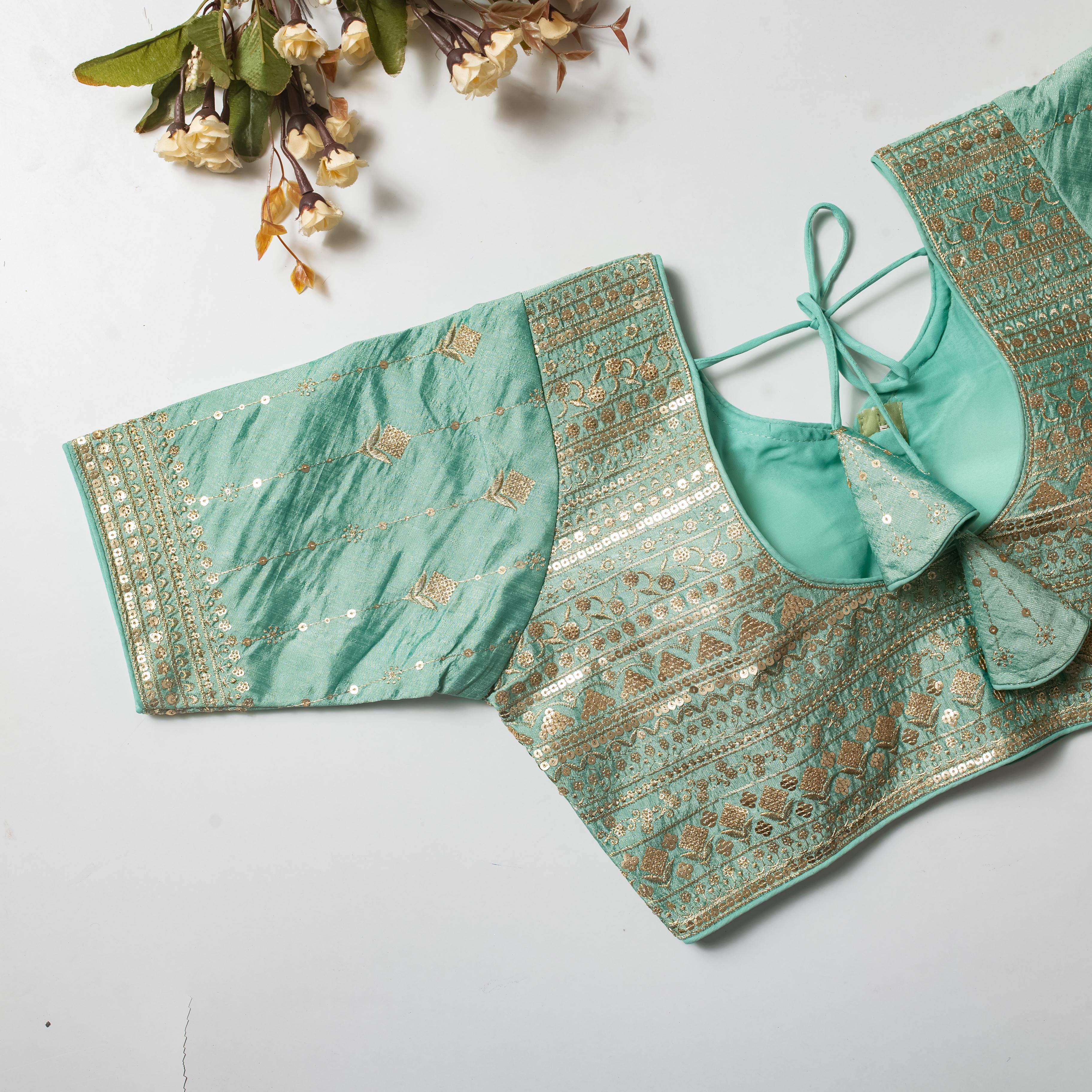 ClothsVilla Mint Green Golden Embroidered Vibrant Silk Blouse with Sequins