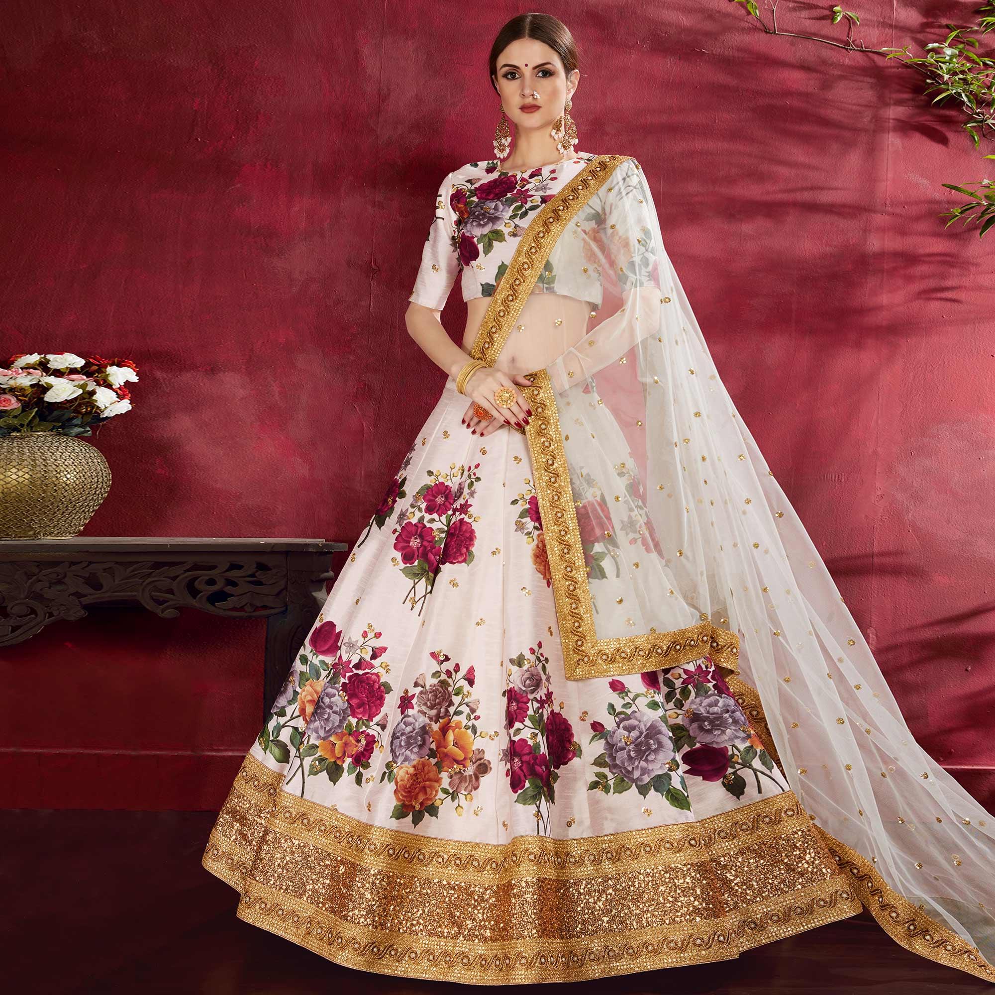 Peachmode Jazzy Off-White Colored Partywear Digital Printed-Embroidered Art Silk Lehenga Choli