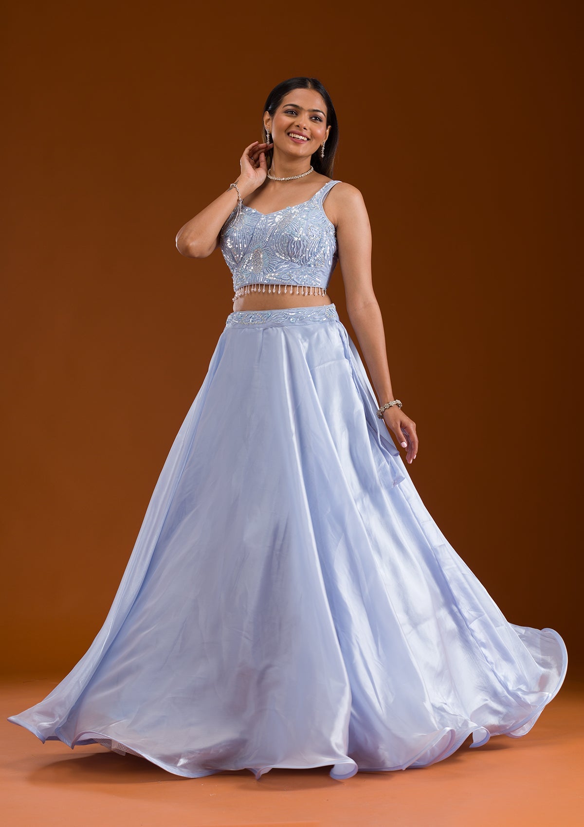 Koskii Sky Blue Cutdana Satin Readymade Lehenga - view 4