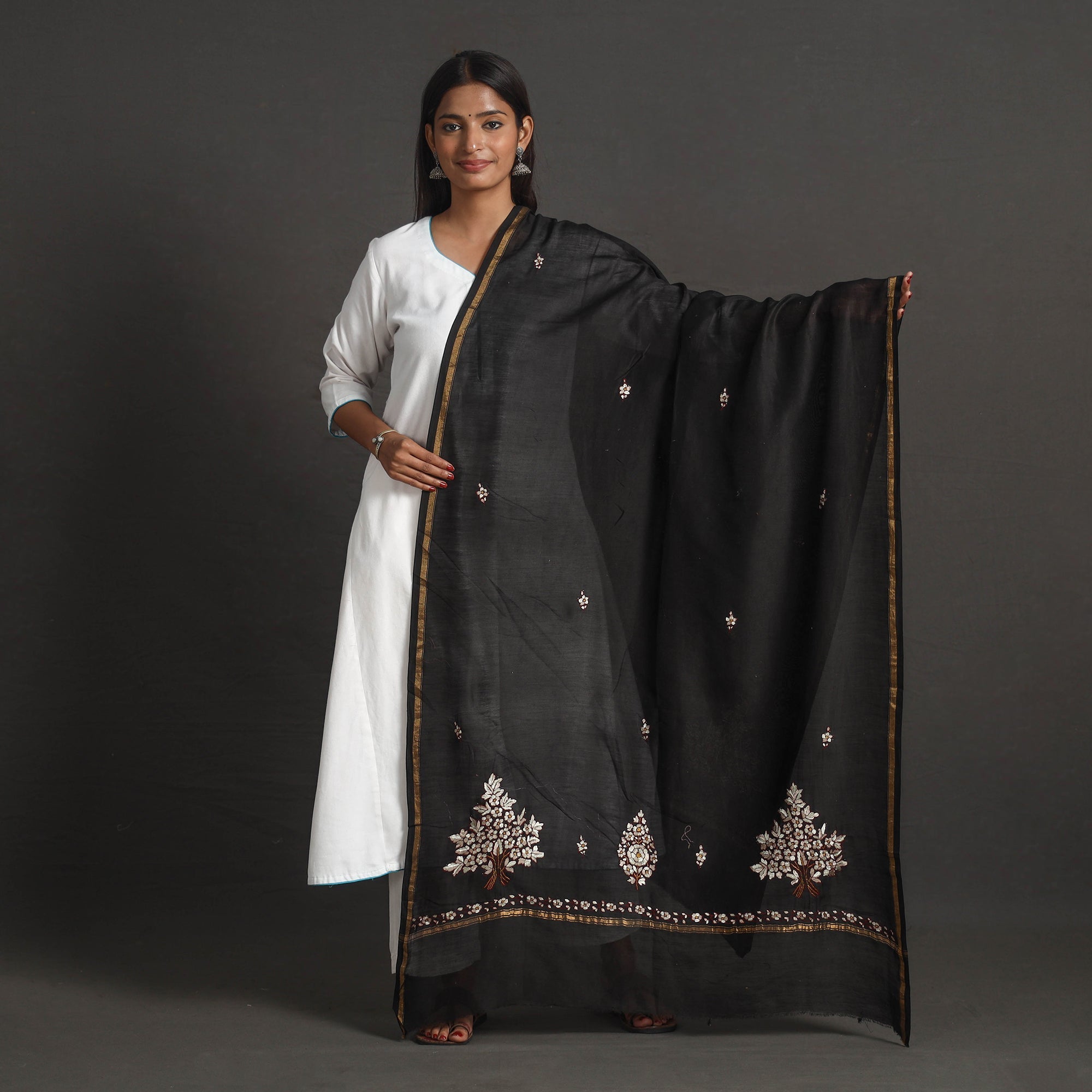 ITOKRI CRAFTS INITIATIVE Black - Handloom Chanderi Silk Kashida Embroidery Dupatta 30
