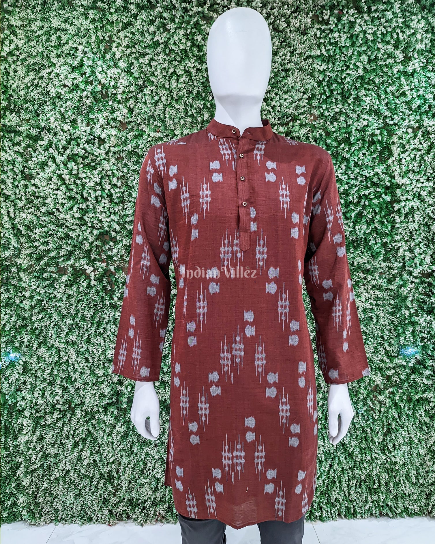 IndianVillèz Maroon Sambalpuri Ikat Cotton Kurta For Men