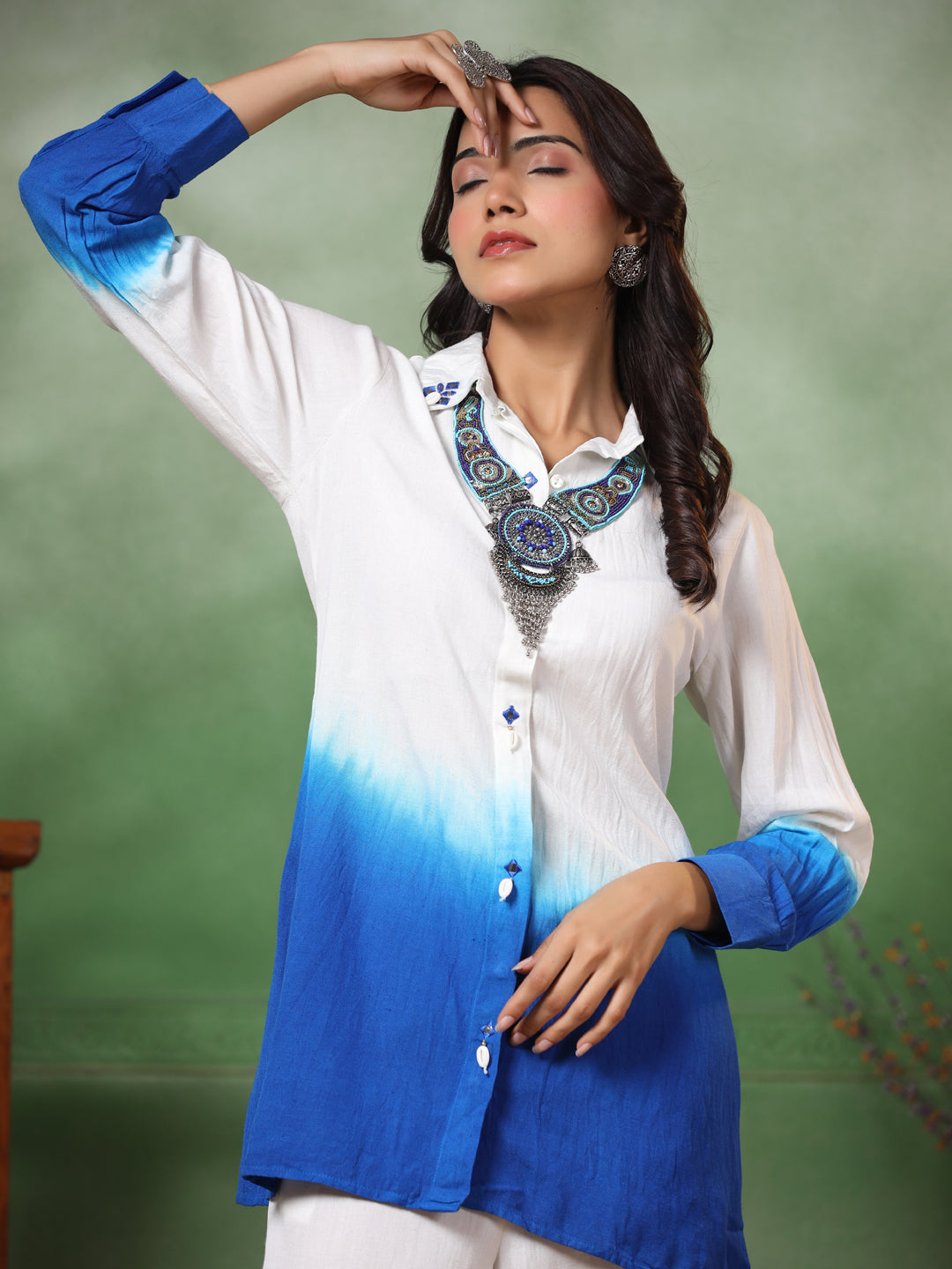 FASHOR Ombre Dyed & Embroidered Straight Fit Co-ord Set with a Neckpiece - Blue