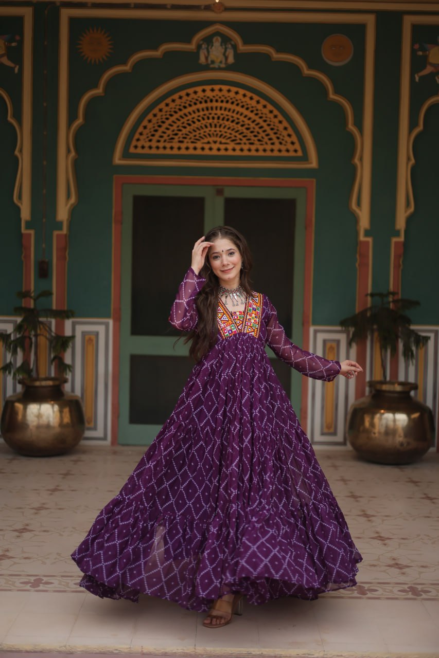ClothsVilla Purple Bandhani Print Faux Georgette Gown with Kutchi Patchwork - view 2