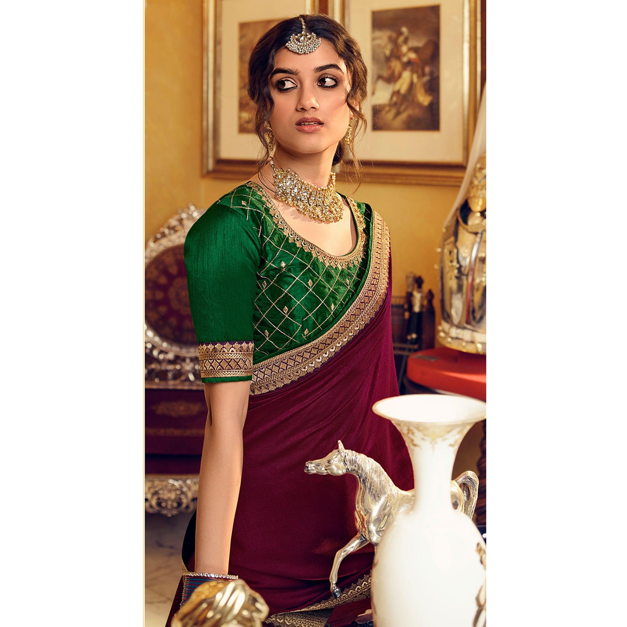 Peachmode Burgundy Partywear Embroidered Silk Saree - view 2