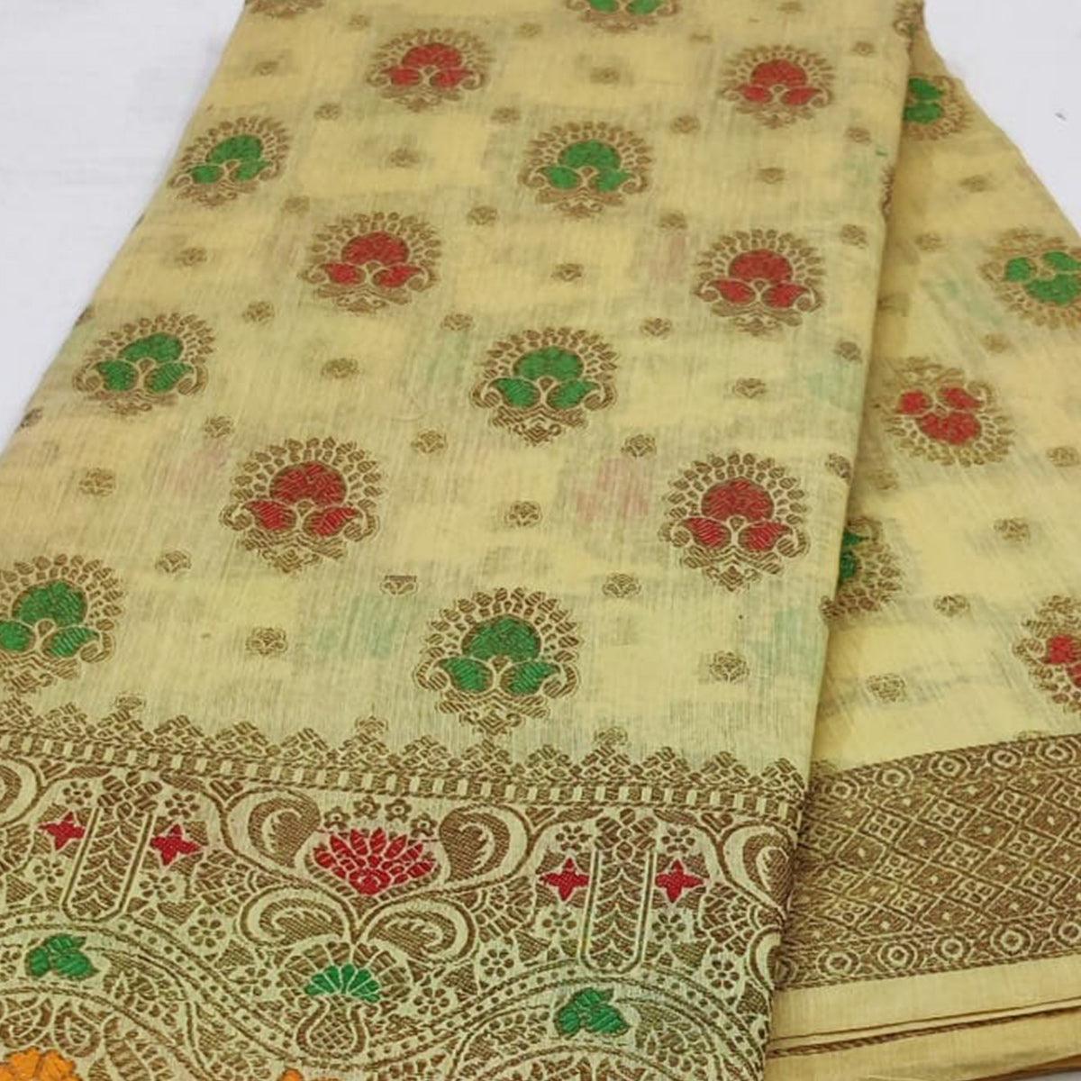 Peachmode Cream Festive Wear Floral Woven Cotton Saree With Meena Butta Pallu - view 2