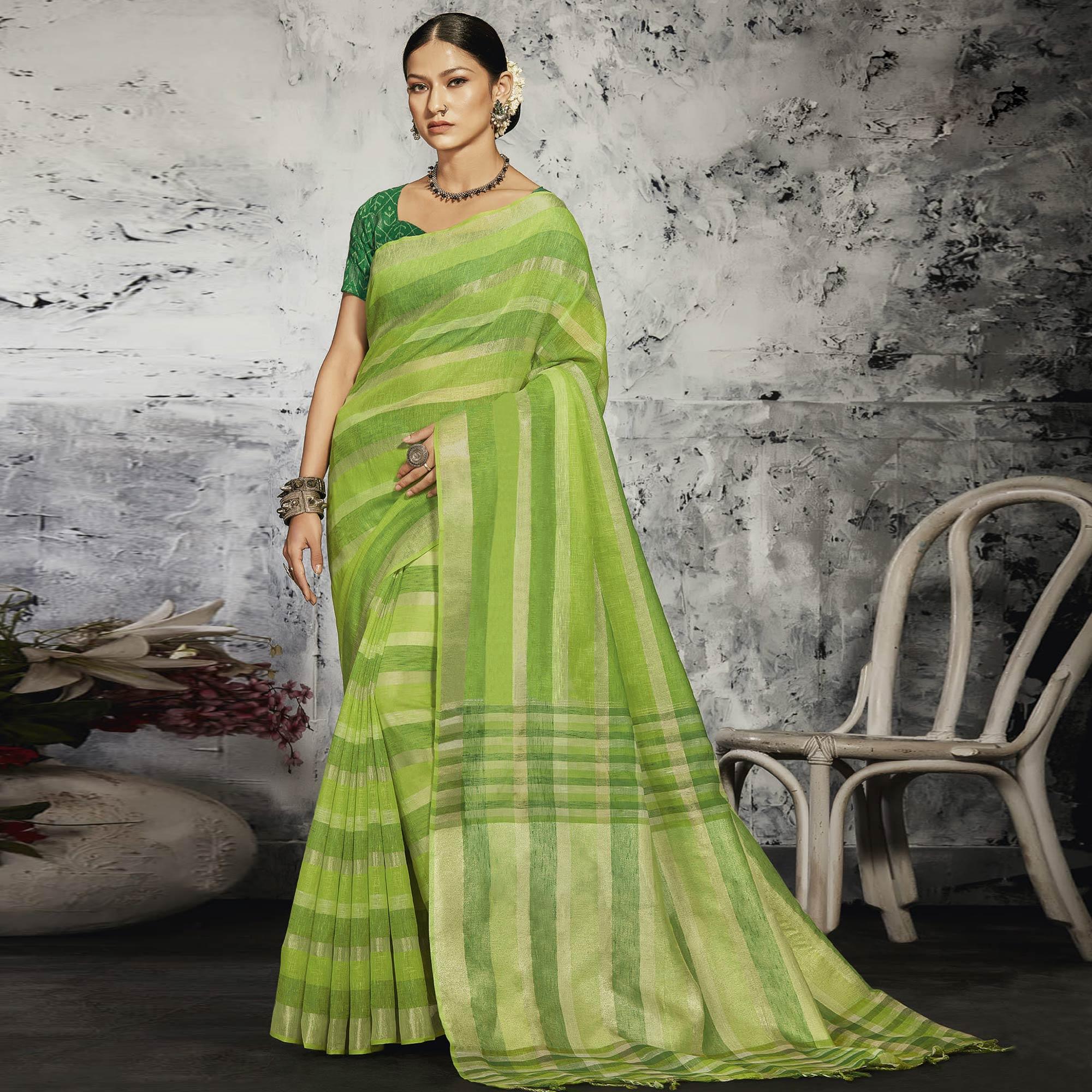 Green sarees – BlackTree green-casual-wear-printed-linen-saree-131315