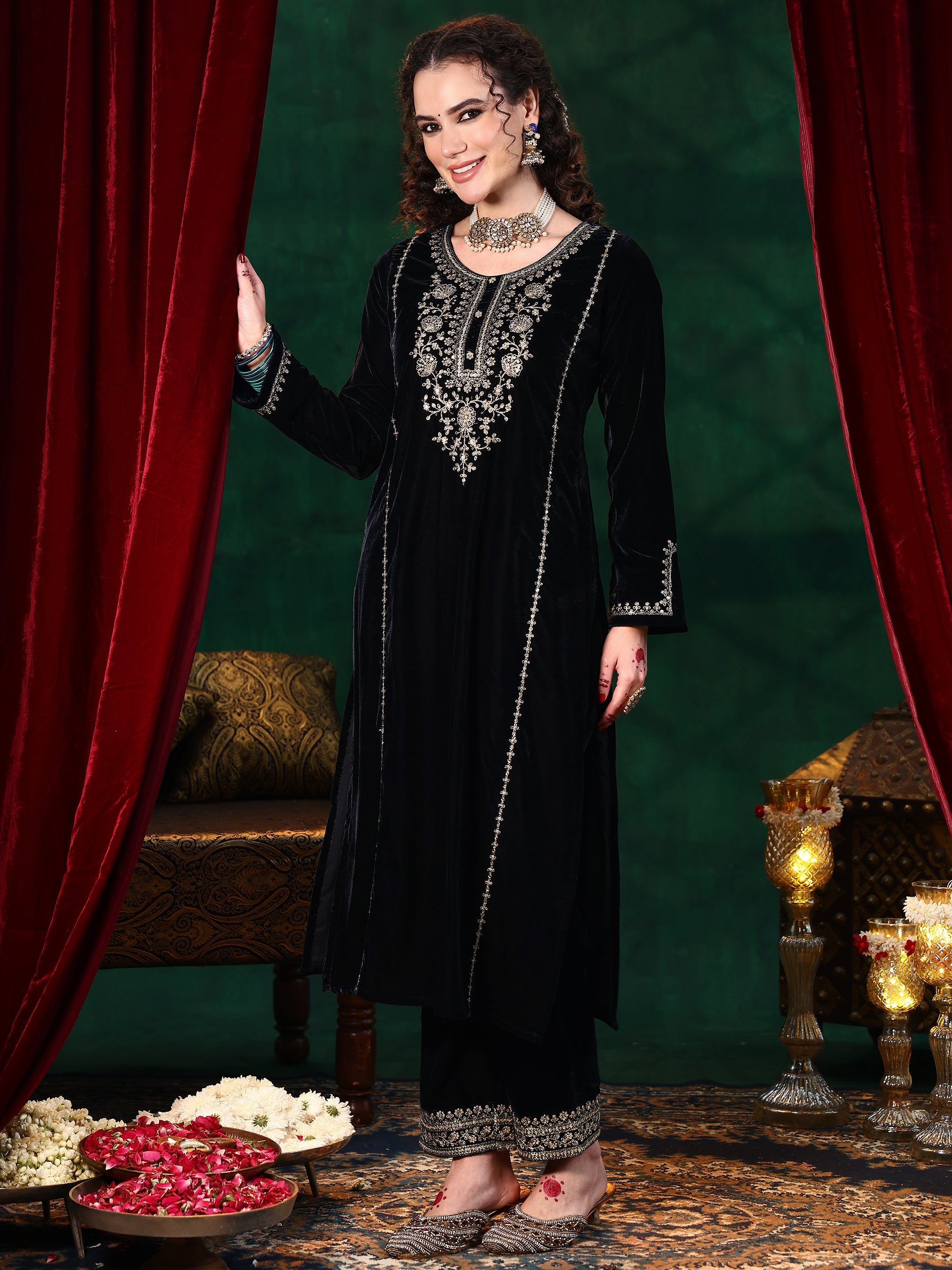 Libas Blue Yoke Design Velvet Straight Suit With Dupatta - view 2