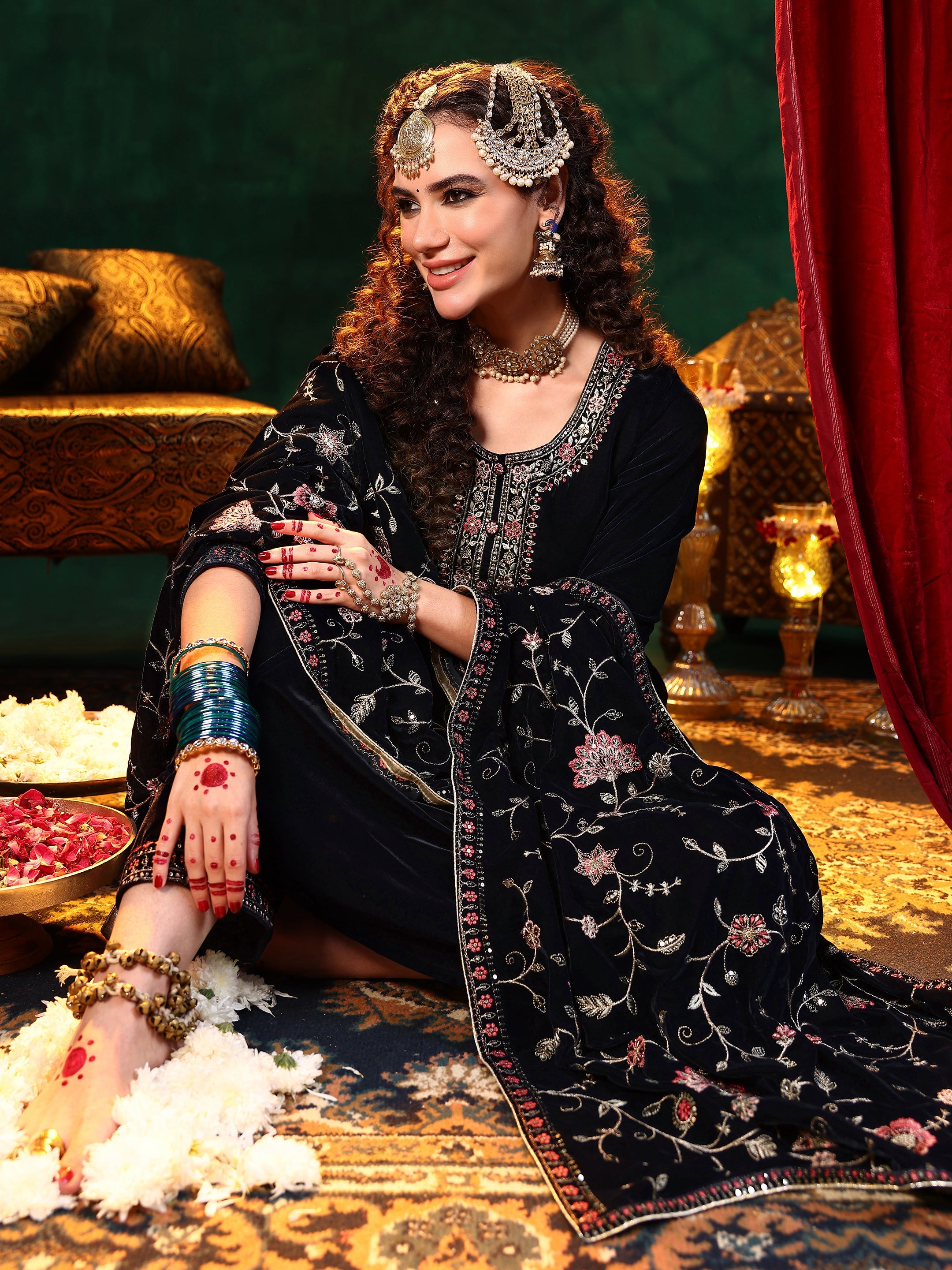 Libas Blue Yoke Design Velvet Straight Suit With Dupatta