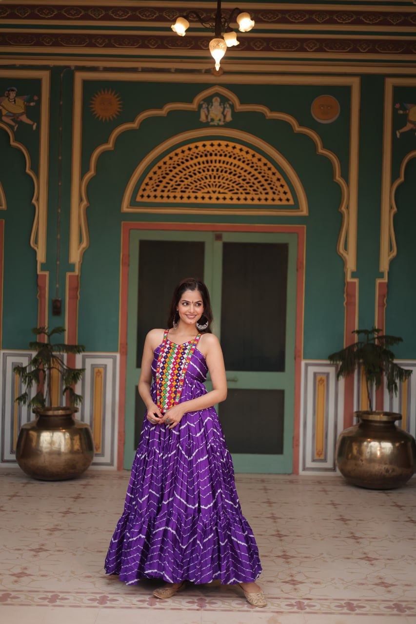 ClothsVilla Purple Graceful Leheriya Print Gown with Kutchi Patchwork