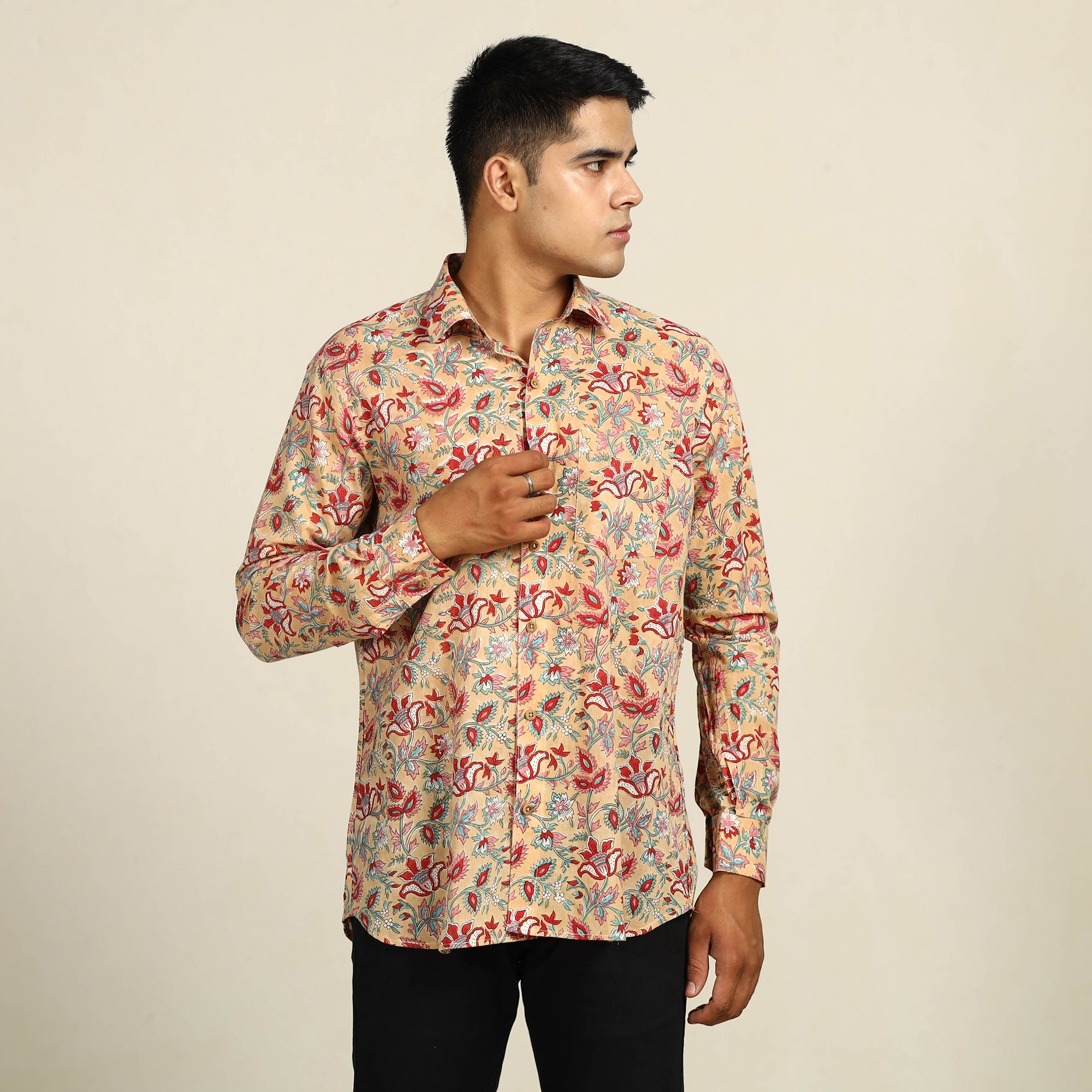 ITOKRI CASUALS Brown - Sanganeri Block Printed Cotton Men Full Sleeve Shirt 04 - view 4