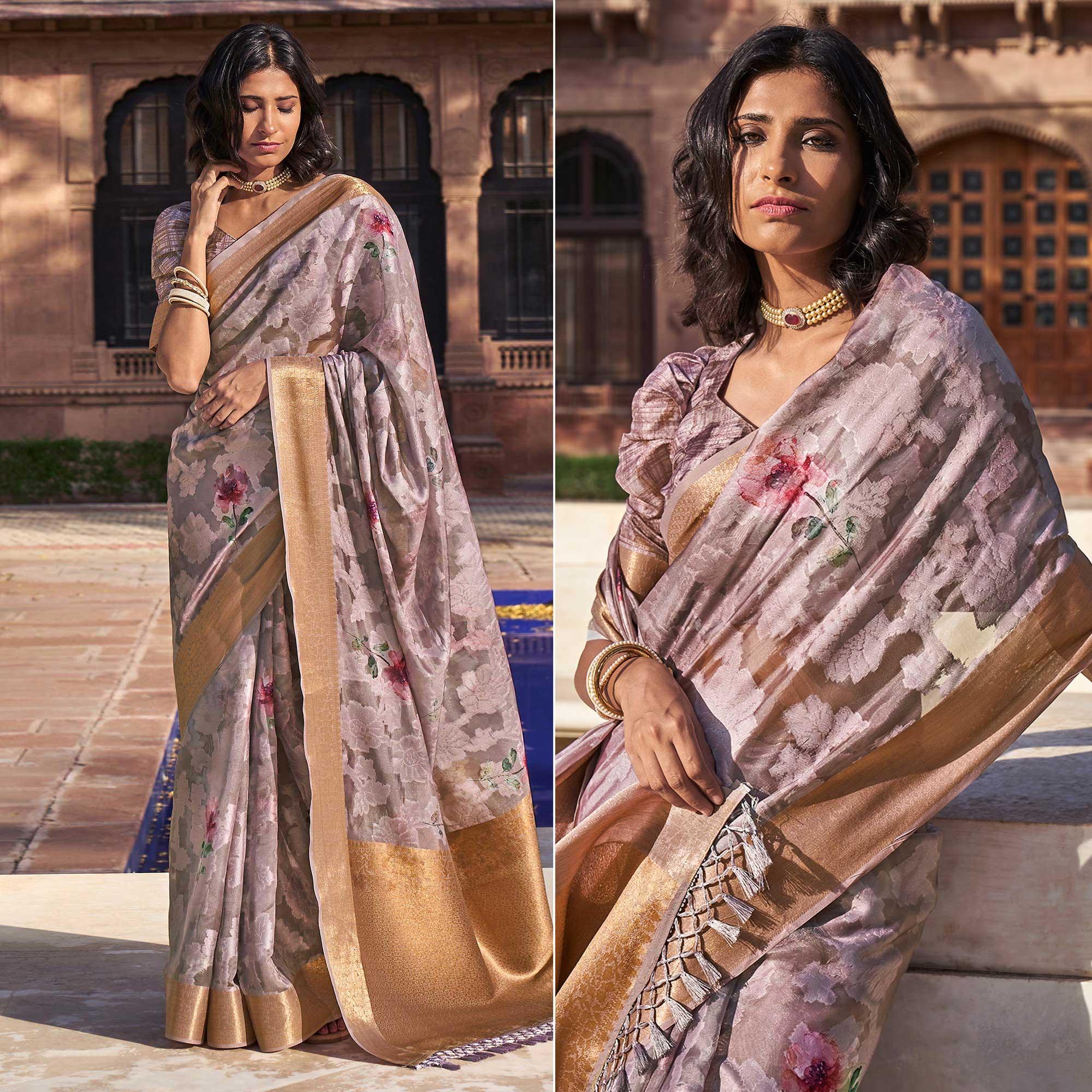 Peachmode Mauve Digital Printed Cotton Blend Saree