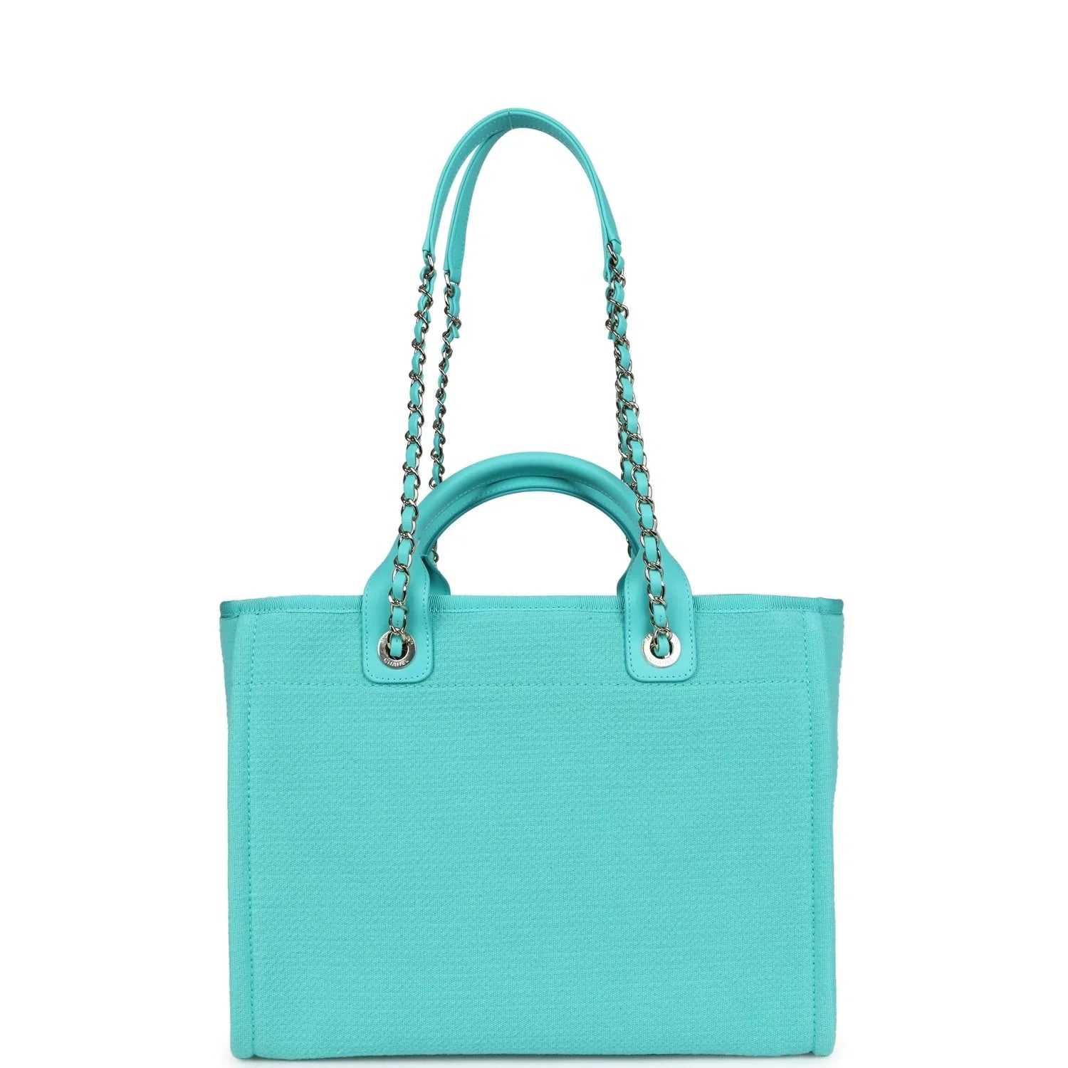 Cop Underdog Chanel Small Deauville Shopping Bag Turquoise Canvas Light Gold Hardware - view 4
