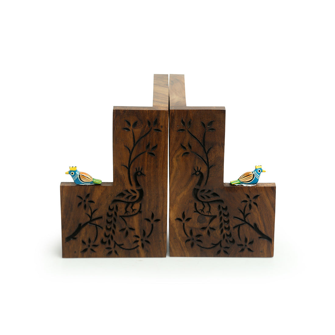 EXCLUSIVELANE 'Peacock Pair' Hand Carved Sheesham Wood Bookend - view 2