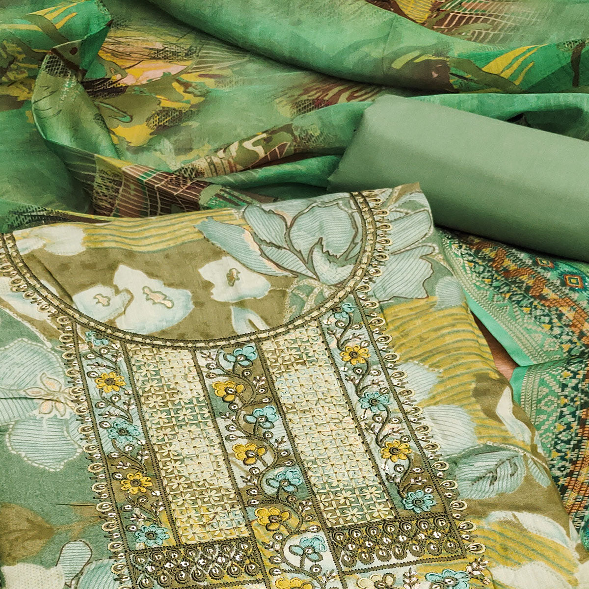 BlackTree green-floral-foil-printed-with-embroidery-modal-cotton-silk-dress-material - view 2