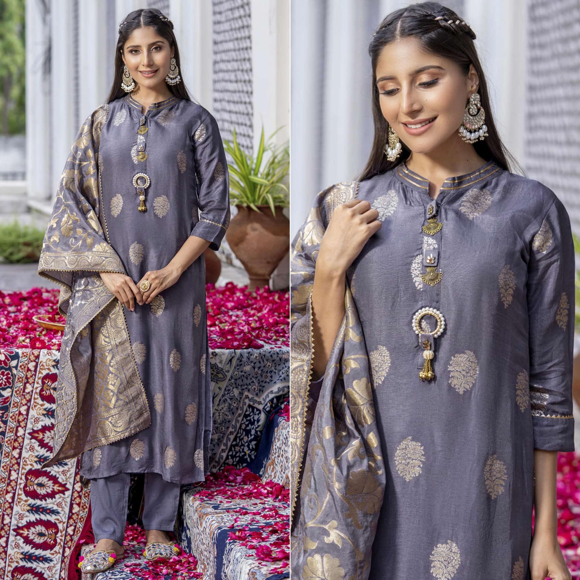 Peachmode Grey Woven Dola Silk Kurti Pant Set With Dupatta