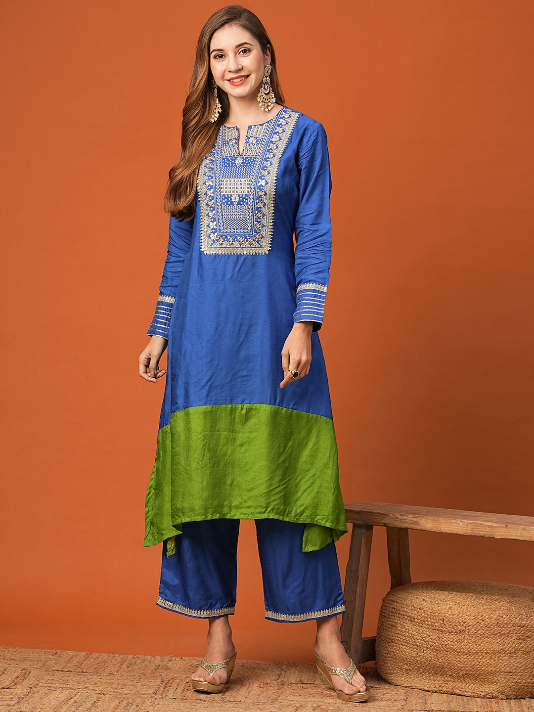 FASHOR Ethnic Zari Embroidered Colorblocked A-Line High-Low Kurta with Palazzo - Blue - view 3