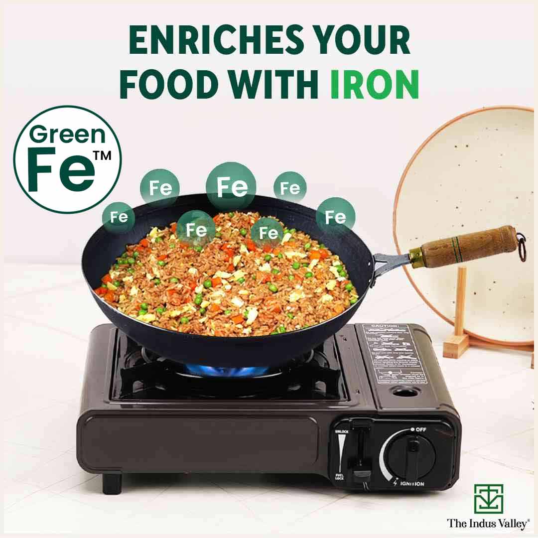 The Indus Valley 100% Pure Iron Wok with Wooden Handle, Toxin-free Sheet Iron, Pre-seasoned, 2.2/4.2L, 1/1.5kg - view 6