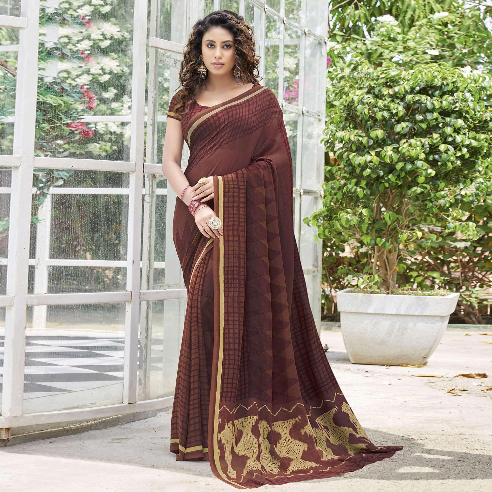 Peachmode Chocolate Brown Printed Georgette Saree