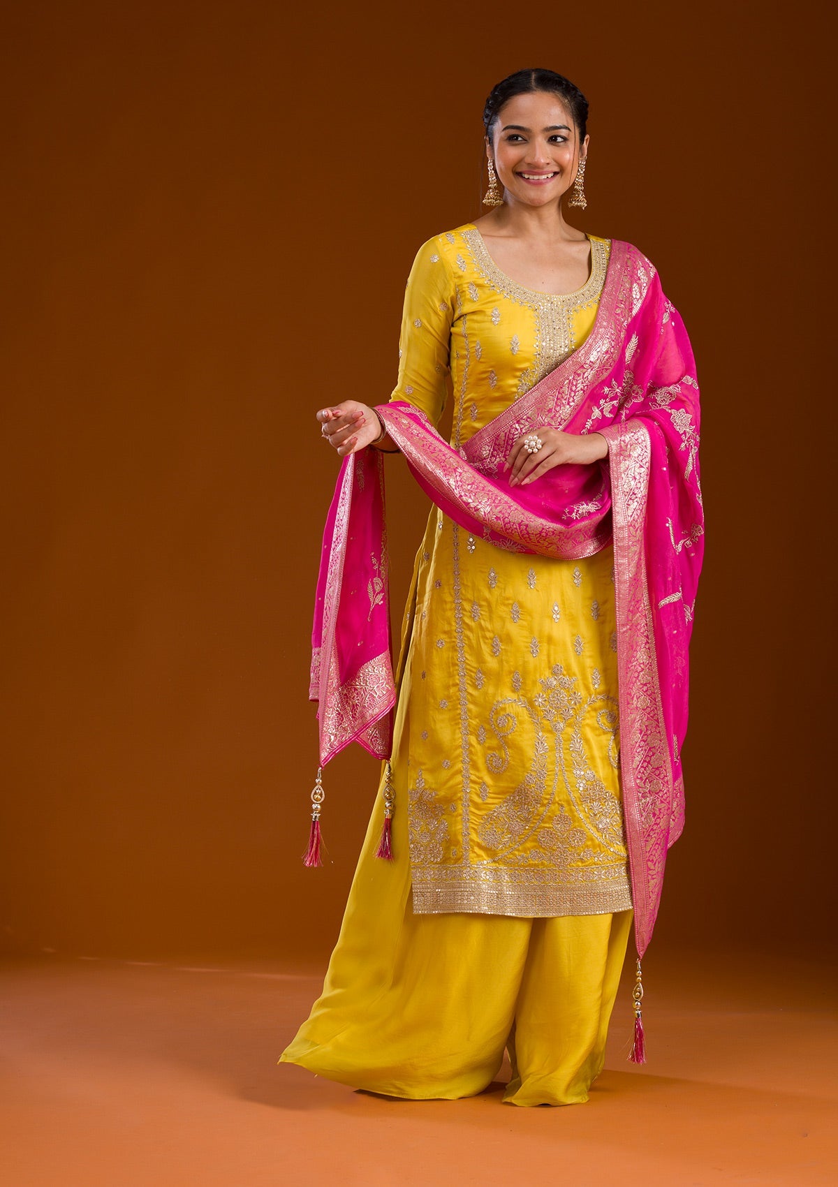 Koskii Yellow Zariwork Semi Crepe Readymade Salwar Suit