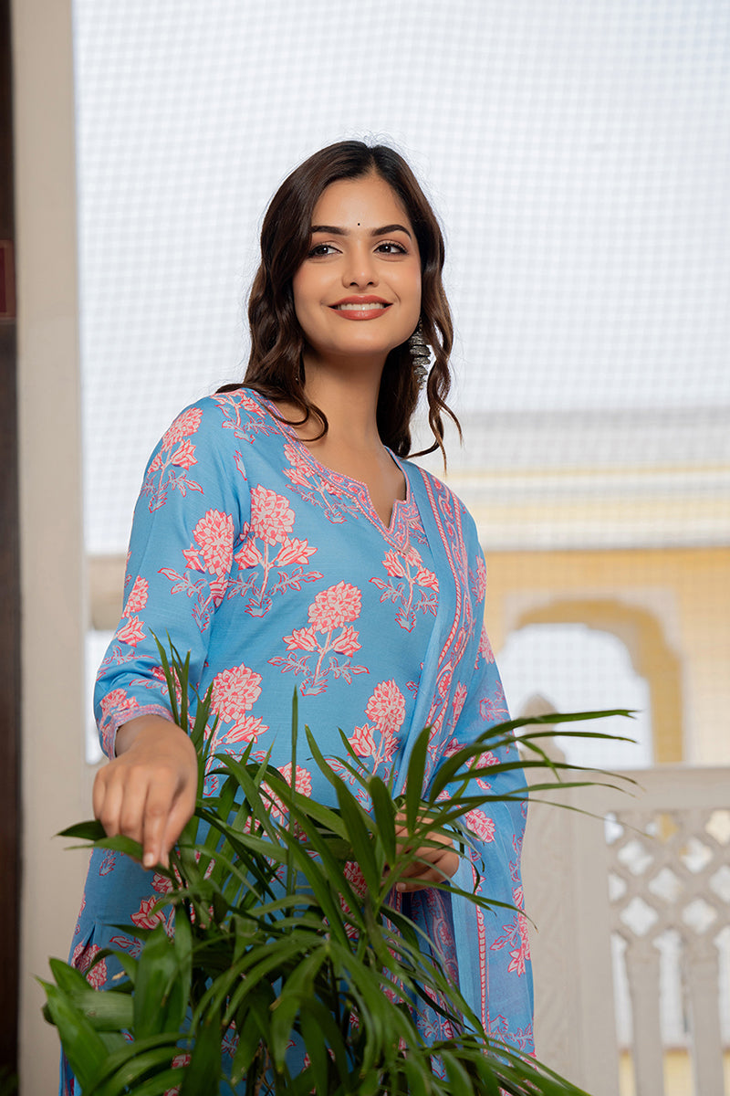 Ahika Blue Rayon Blend Floral Printed Straight Trouser Suit Set VKSKD2261 - view 8