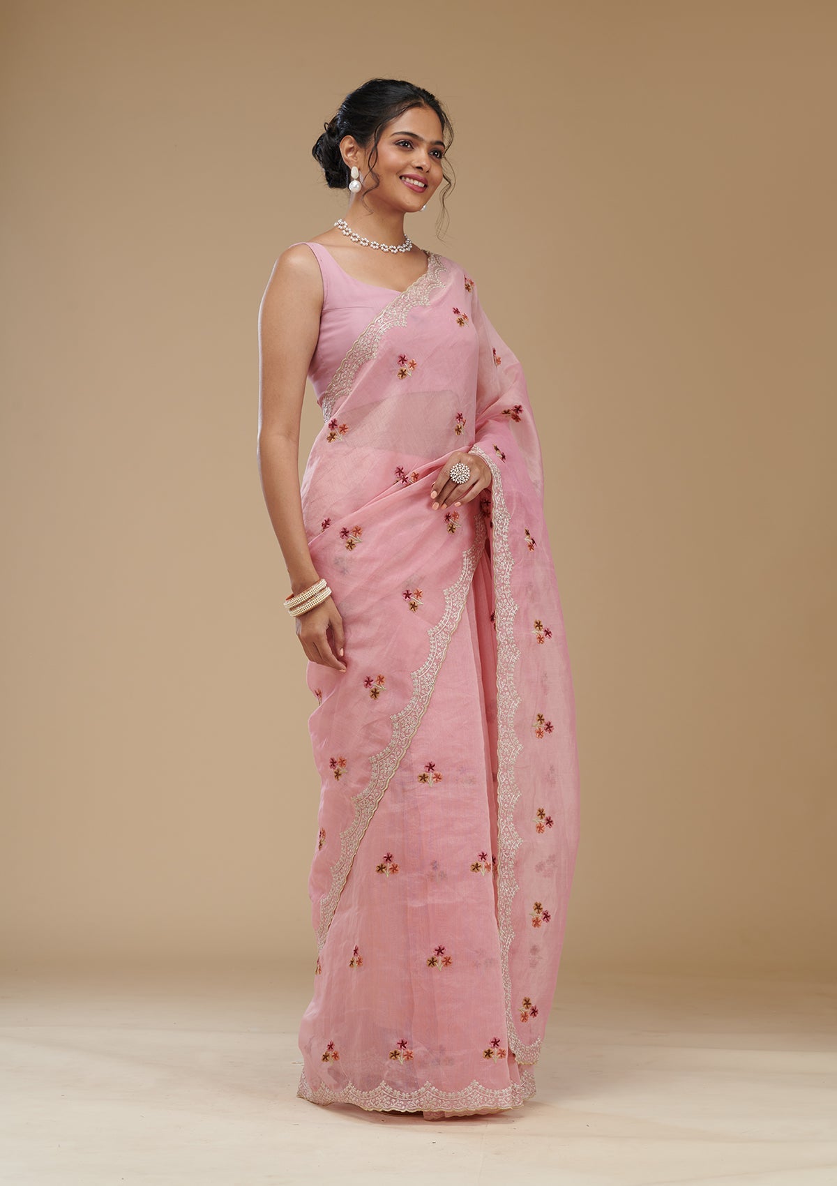 Koskii Pink Threadwork Tissue Saree – Women's - view 4